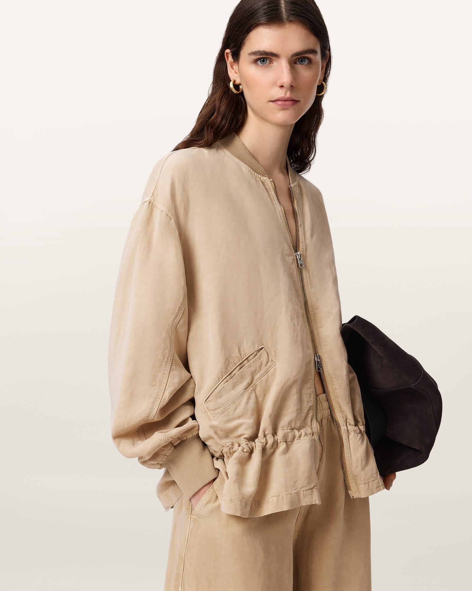 AllSaints Lyocell/Linen Sofi Linen Blend Drawstring Bomber Jacket, Size: UK 4/US 0