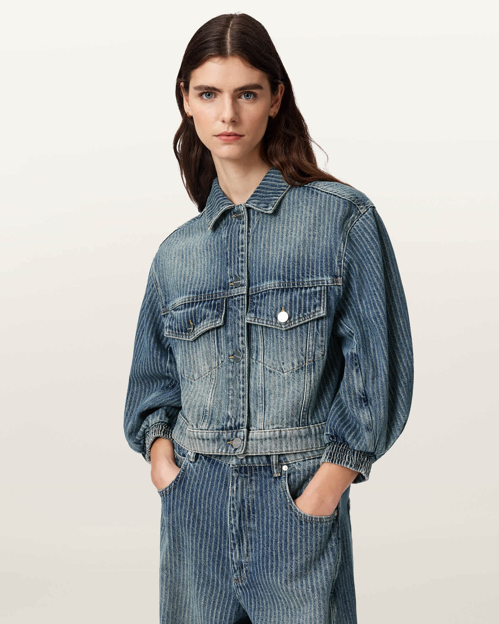 Allsaints Women's Blue Luca Striped Cropped Jacket - Size  14