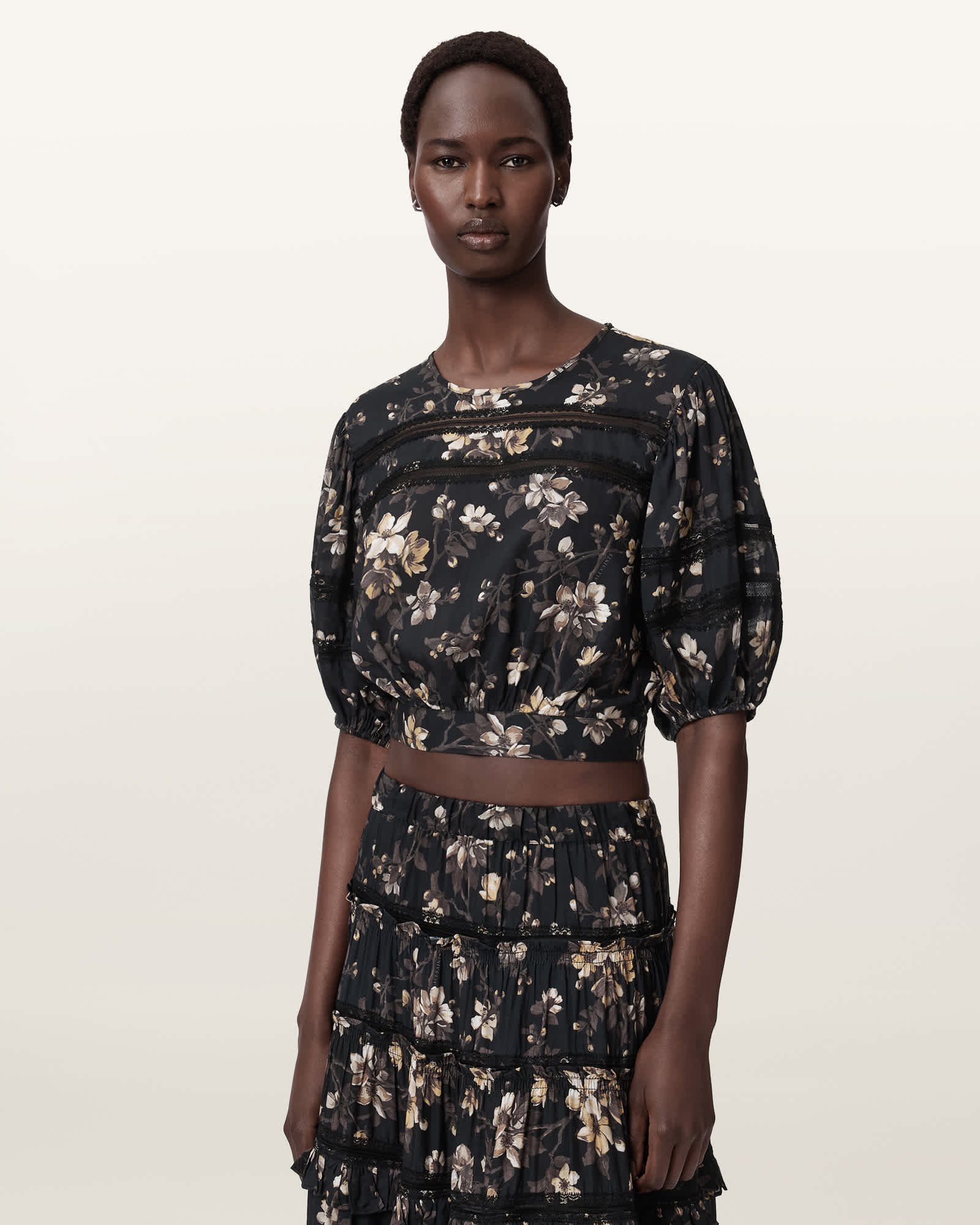 AllSaints Peony Lace Trim Cropped Top,, Vine Black