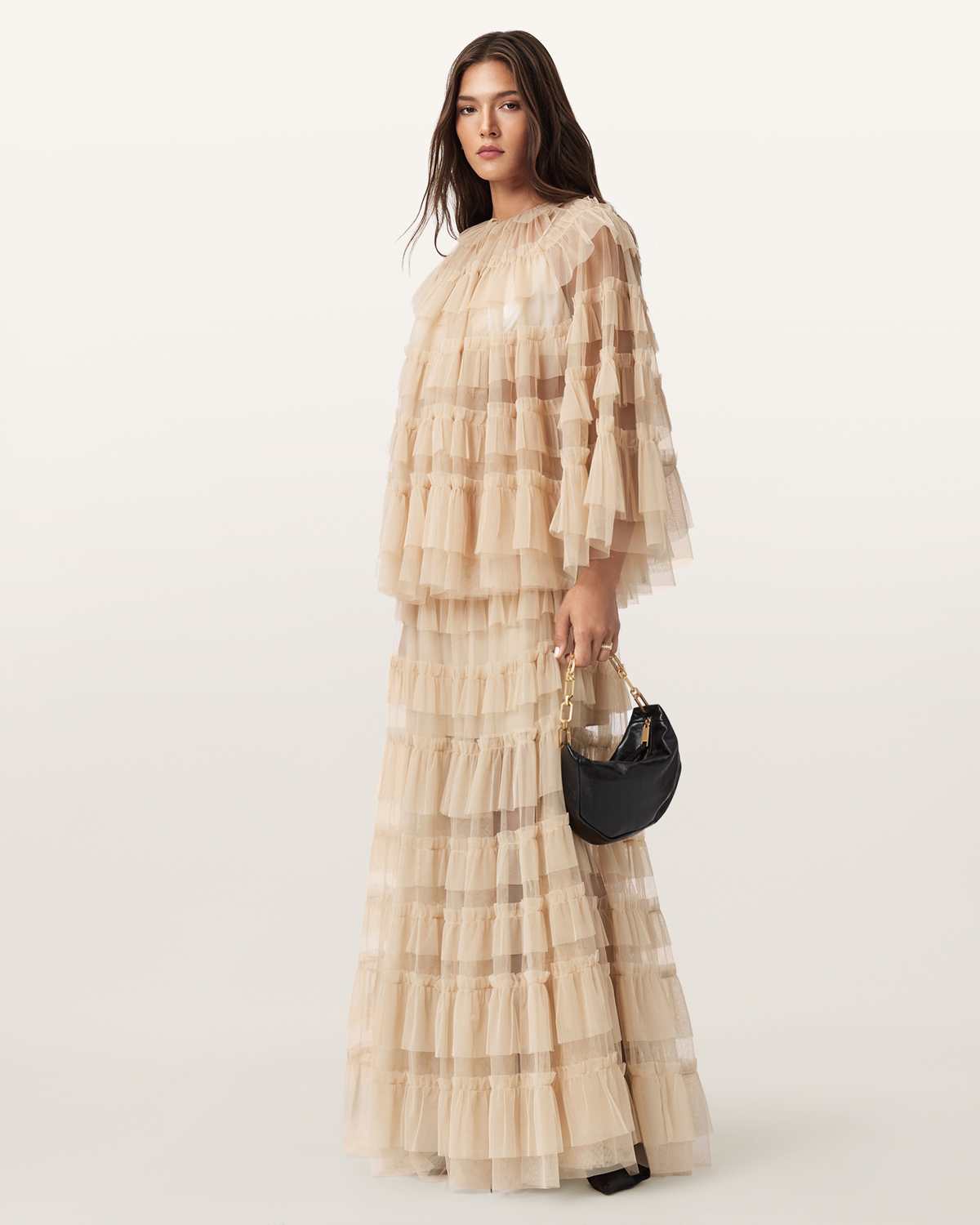 Allsaints Aude Tiered Tulle Ruffle Maxi Skirt In Neutral