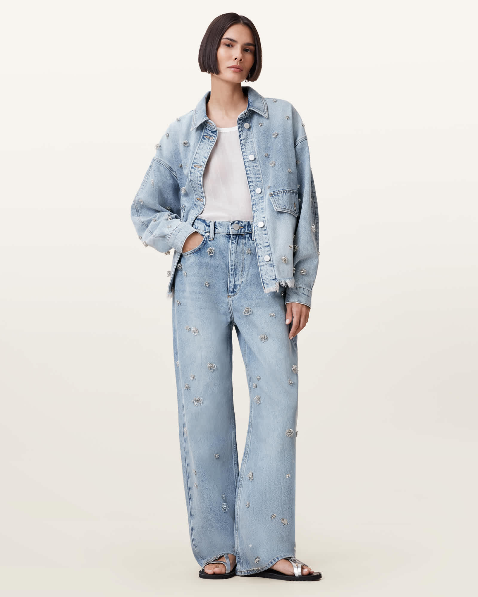 Allsaints Women's Blake Embellished Wide Leg Denim Jeans - Size  25
