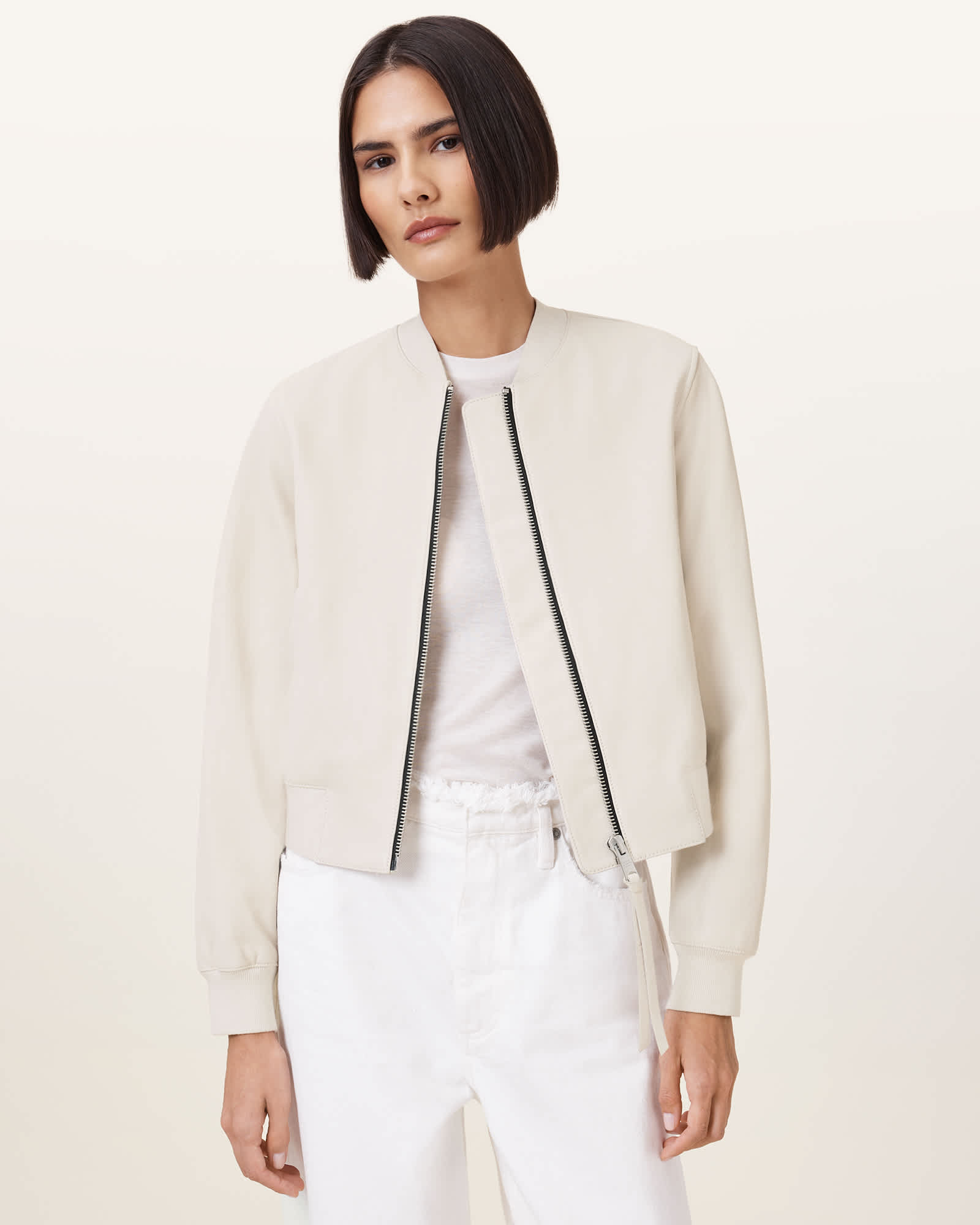 AllSaints Orten Leather Bomber Jacket,, Onyx White