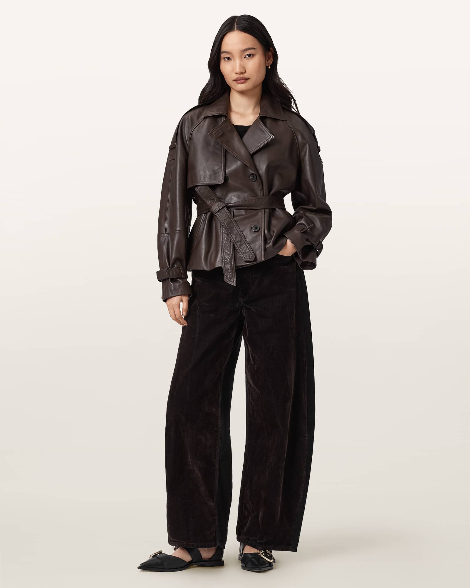 Allsaints Helena Barrel Leg Flocked Jeans In Brown