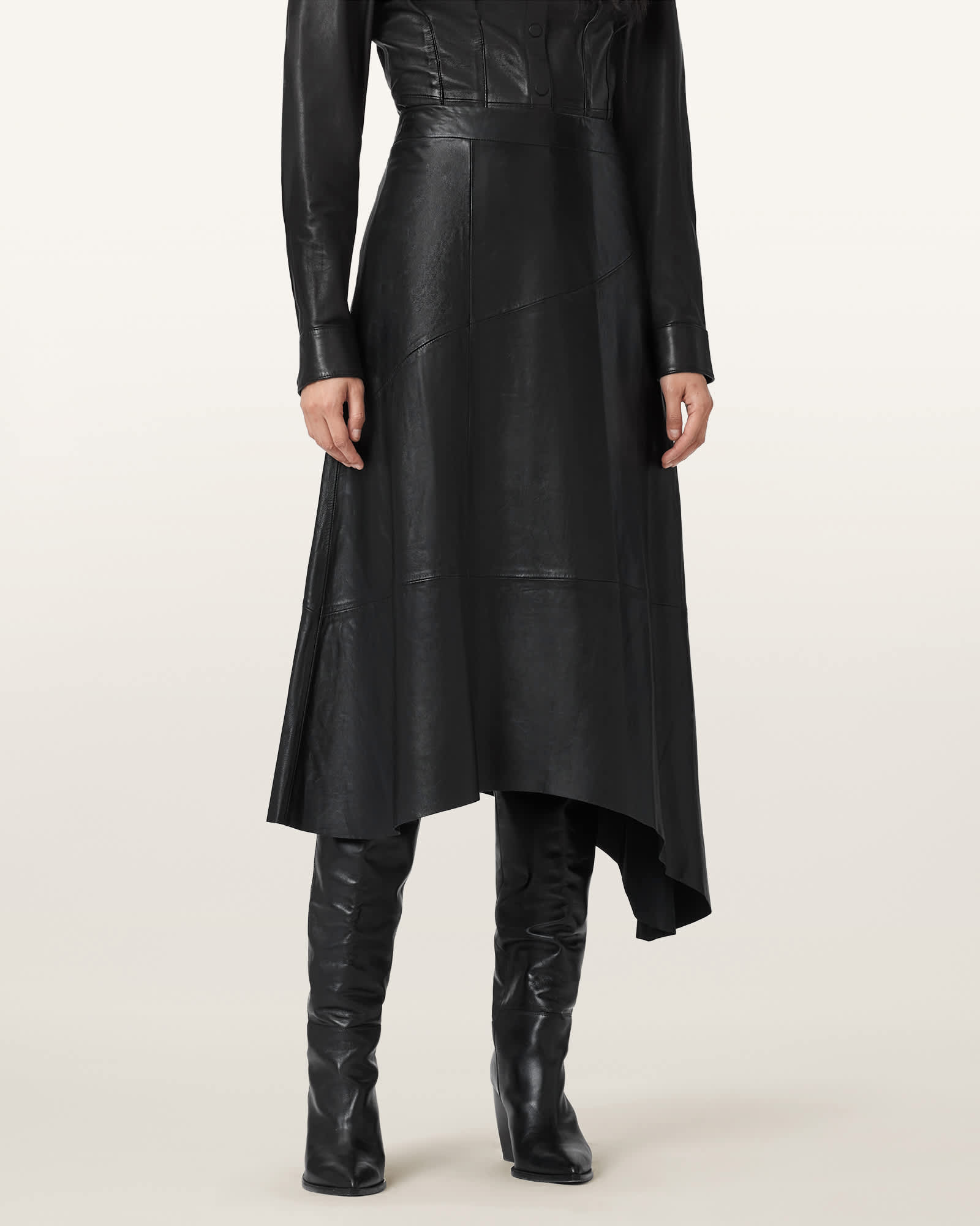 Allsaints Leather Gia Leather Midi Skirt In Black