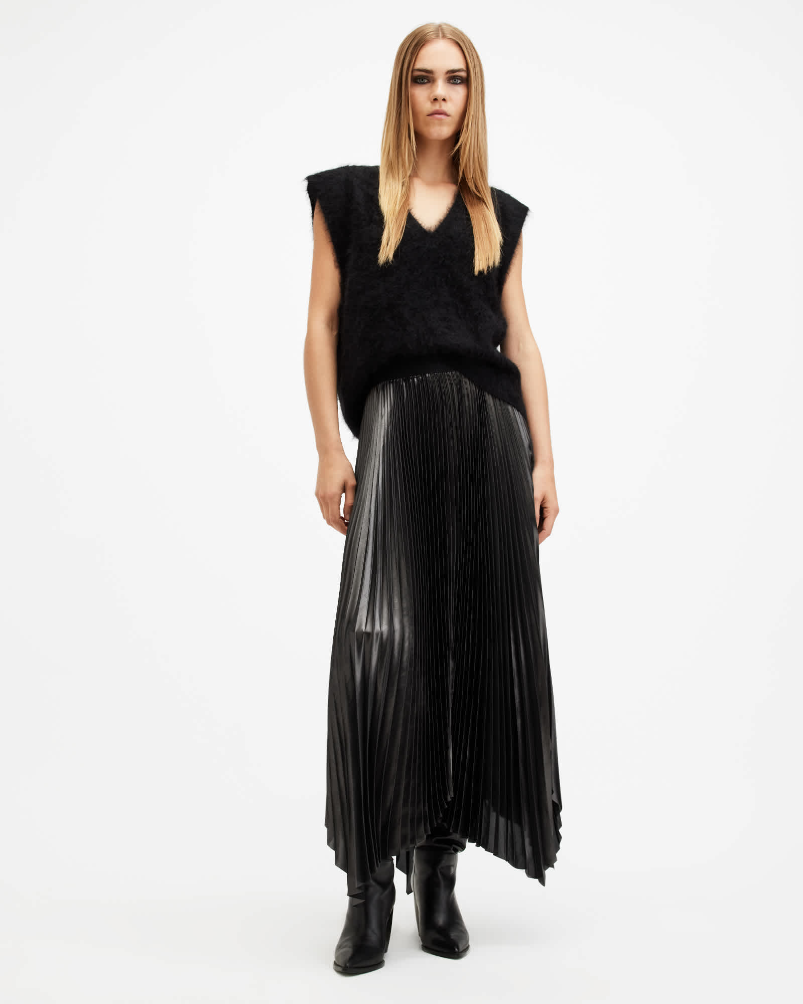 AllSaints Women's Polyester Phia Metallic Asymmetric Maxi Skirt, Size: 8