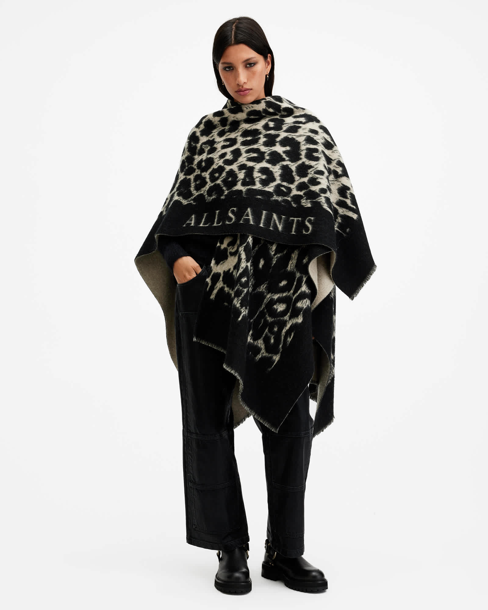 AllSaints Wool Leppo Border Logo Wool Ruana Scarf