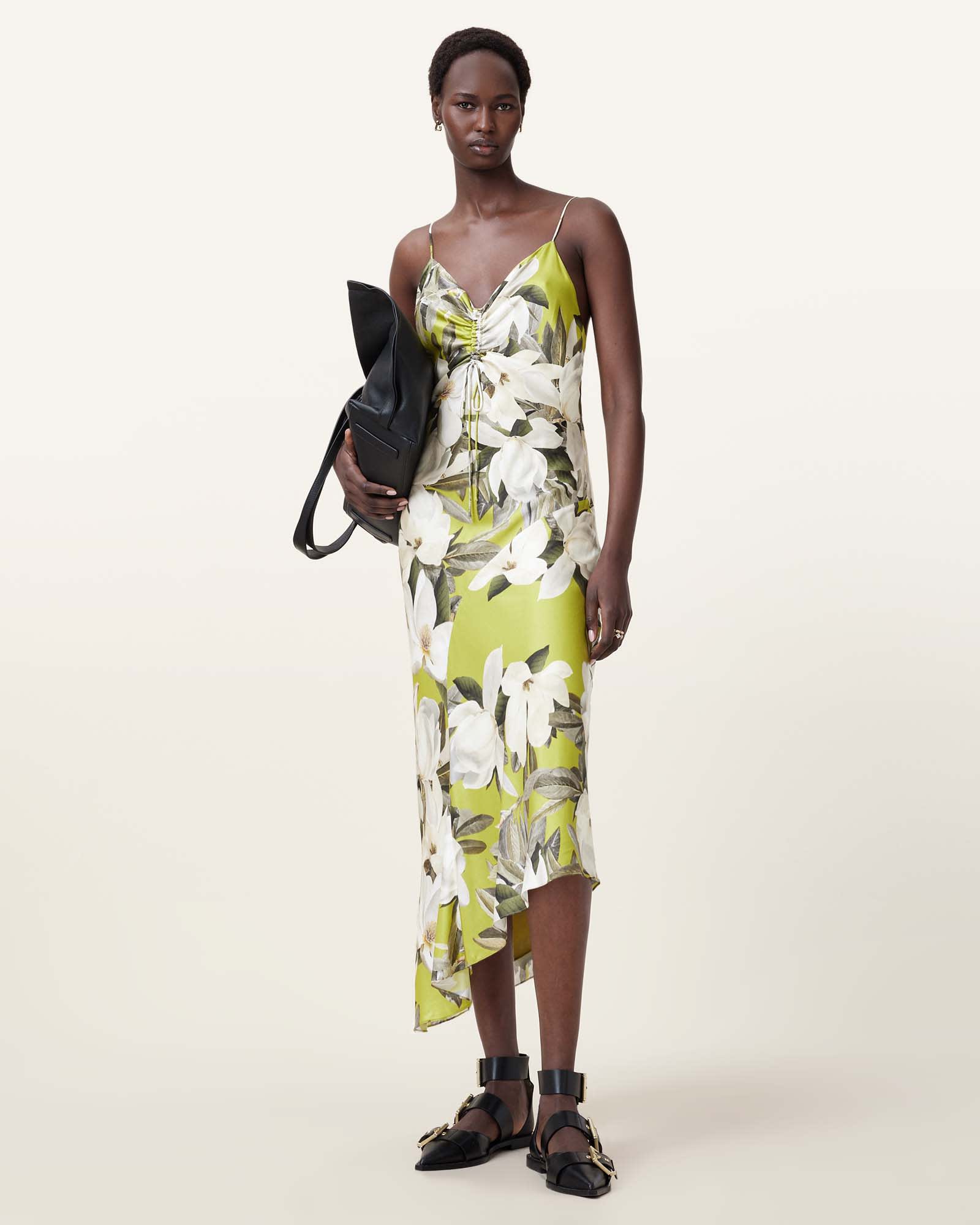 AllSaints Women's Viscose Alexia V-Neck Drawstring Midi Slip Dress