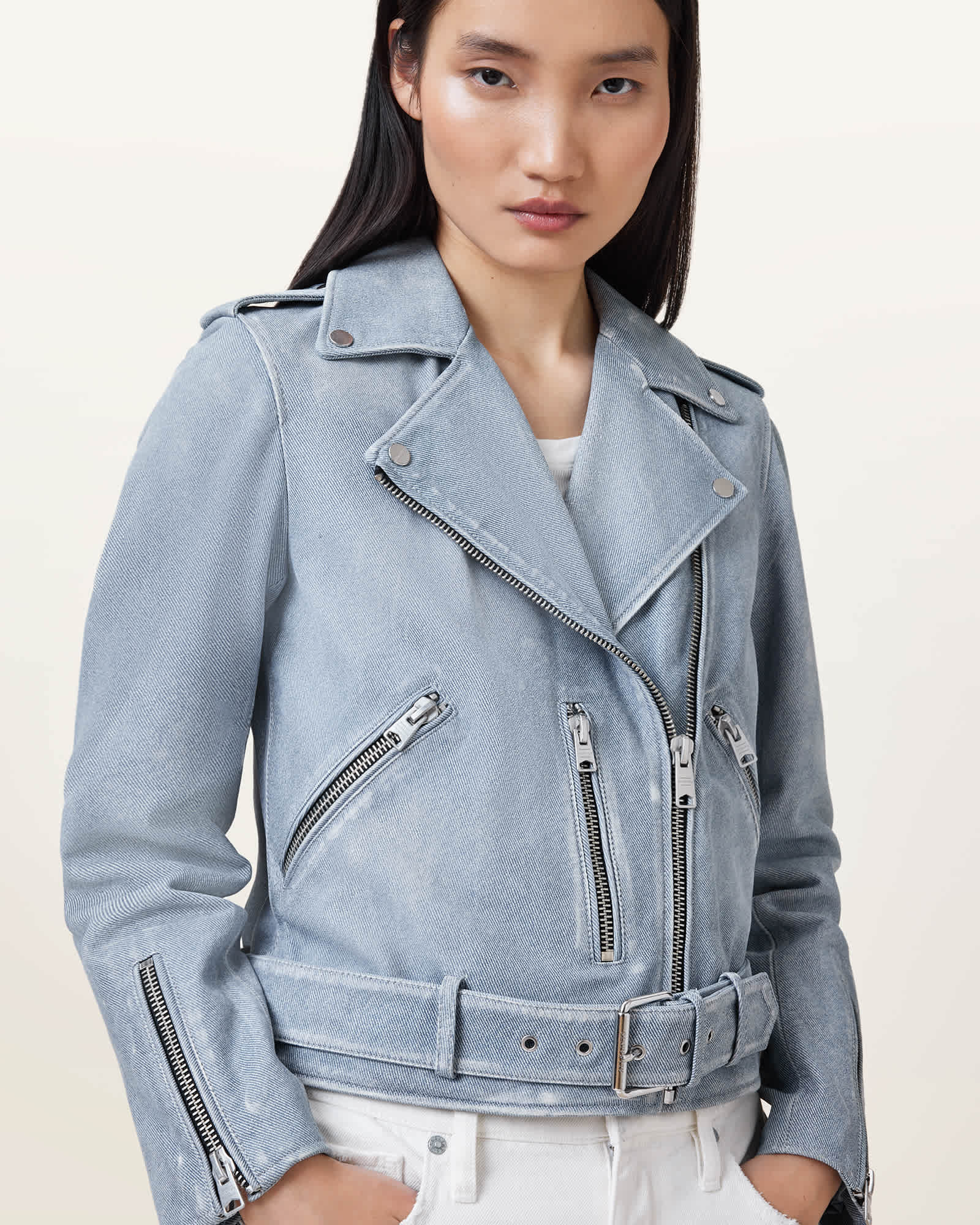 AllSaints Balfern Denim-Effect Leather Biker Jacket,, Denim Blue