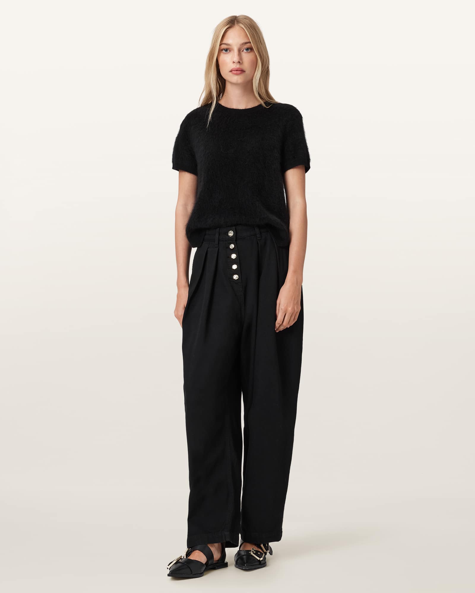 Allsaints Becca Pleated Barrel Leg Denim Jeans In Black