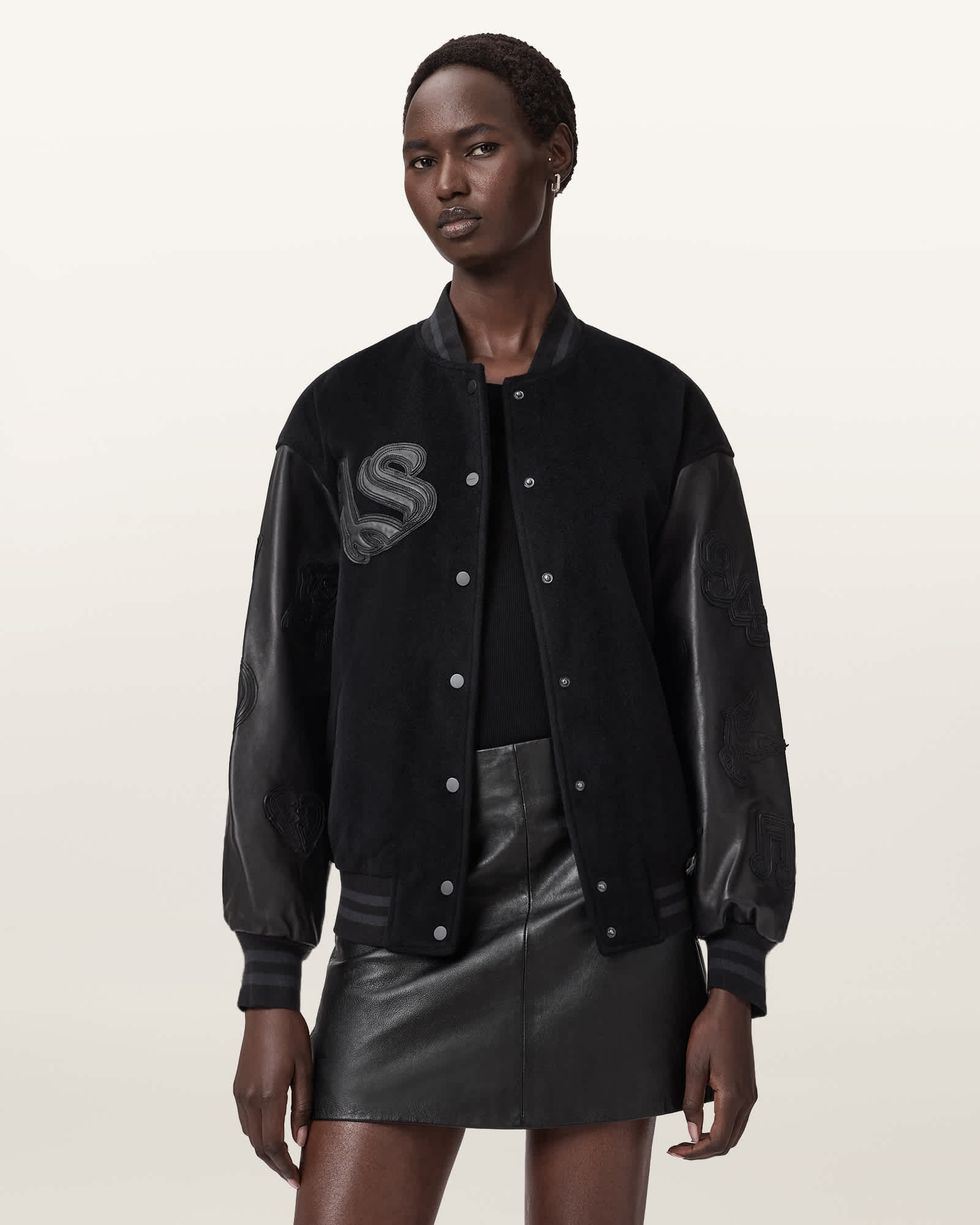Allsaints Main: 100% Sheep Leather Argon Leather Varsity Leather Jacket In Black