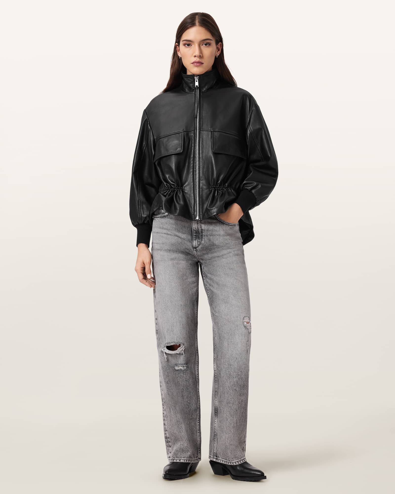AllSaints Leather Flor Leather Jacket, Size: UK 12/US 8