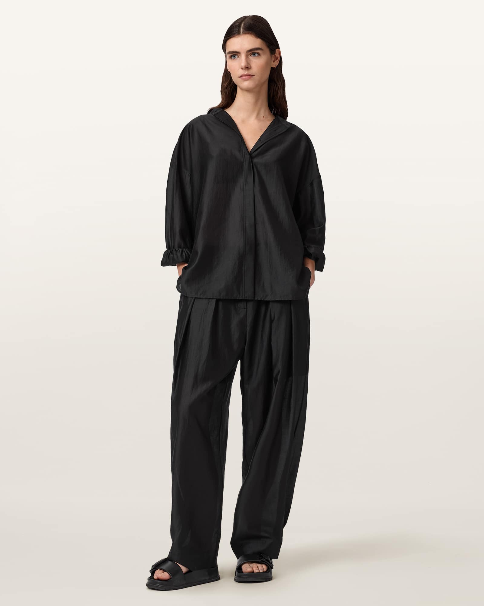 Allsaints Women's Black Becca Wide Leg Sheer Trousers - Size  6