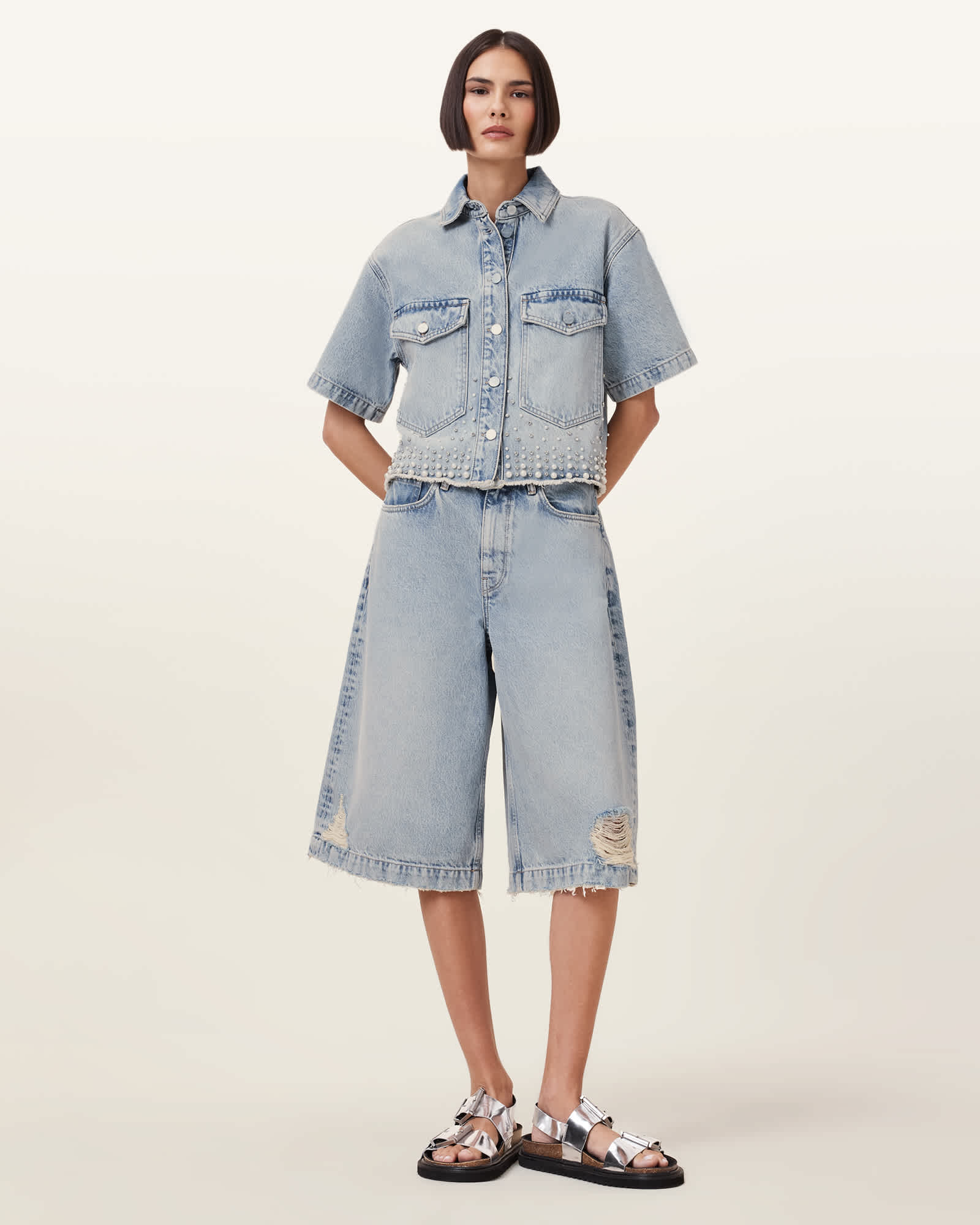 AllSaints Cotton Louie Wide Leg Denim Jorts