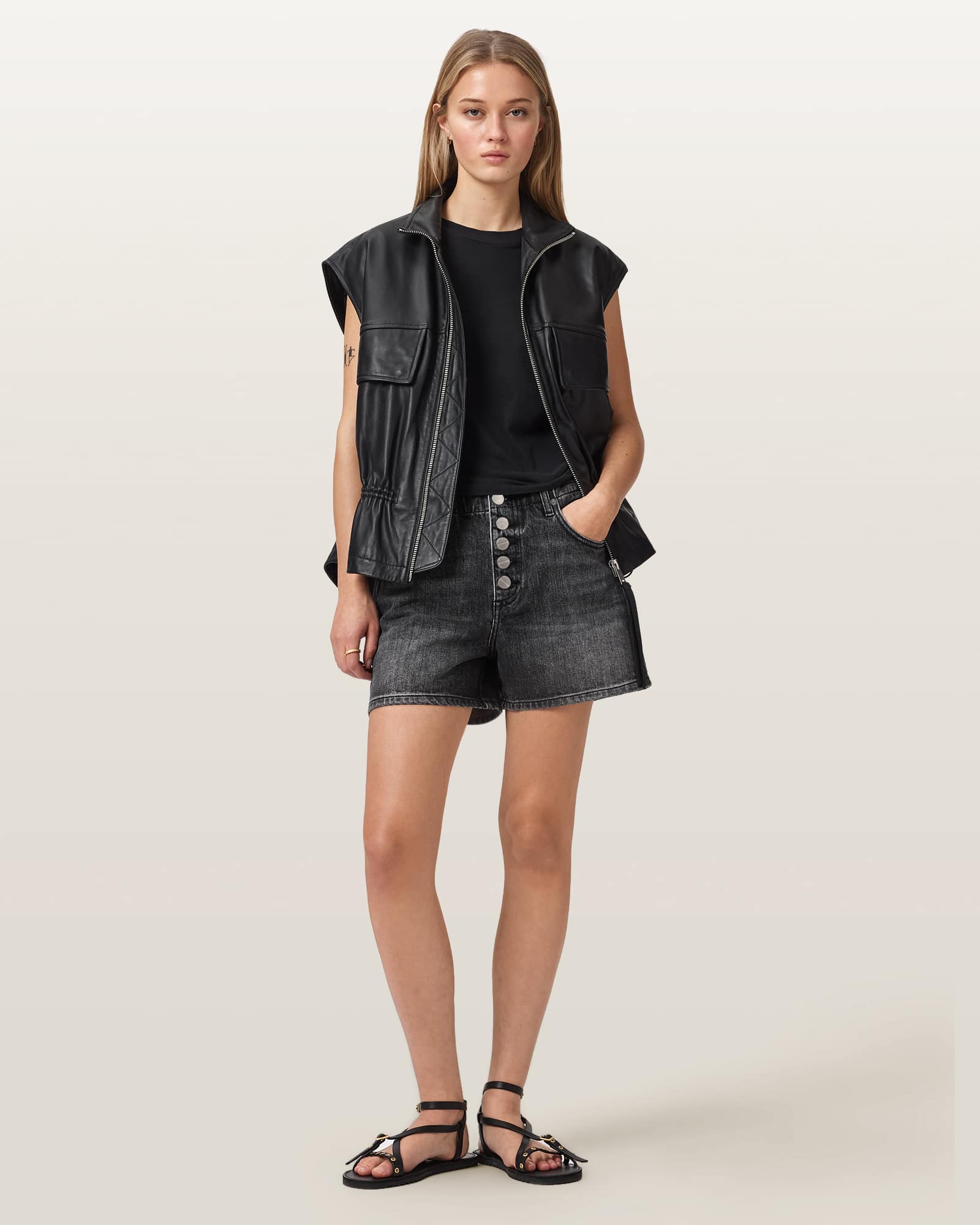Allsaints Women's Black Tay Mid Rise Denim Shorts - Size  30