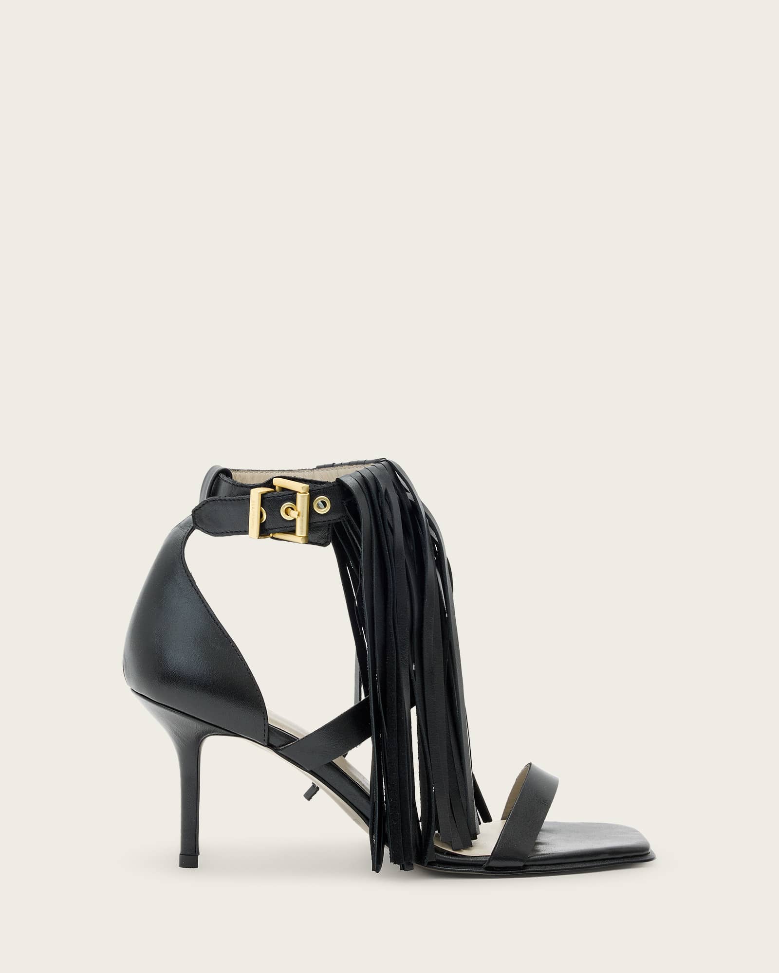 AllSaints Paola Fringed Leather Heeled Sandals