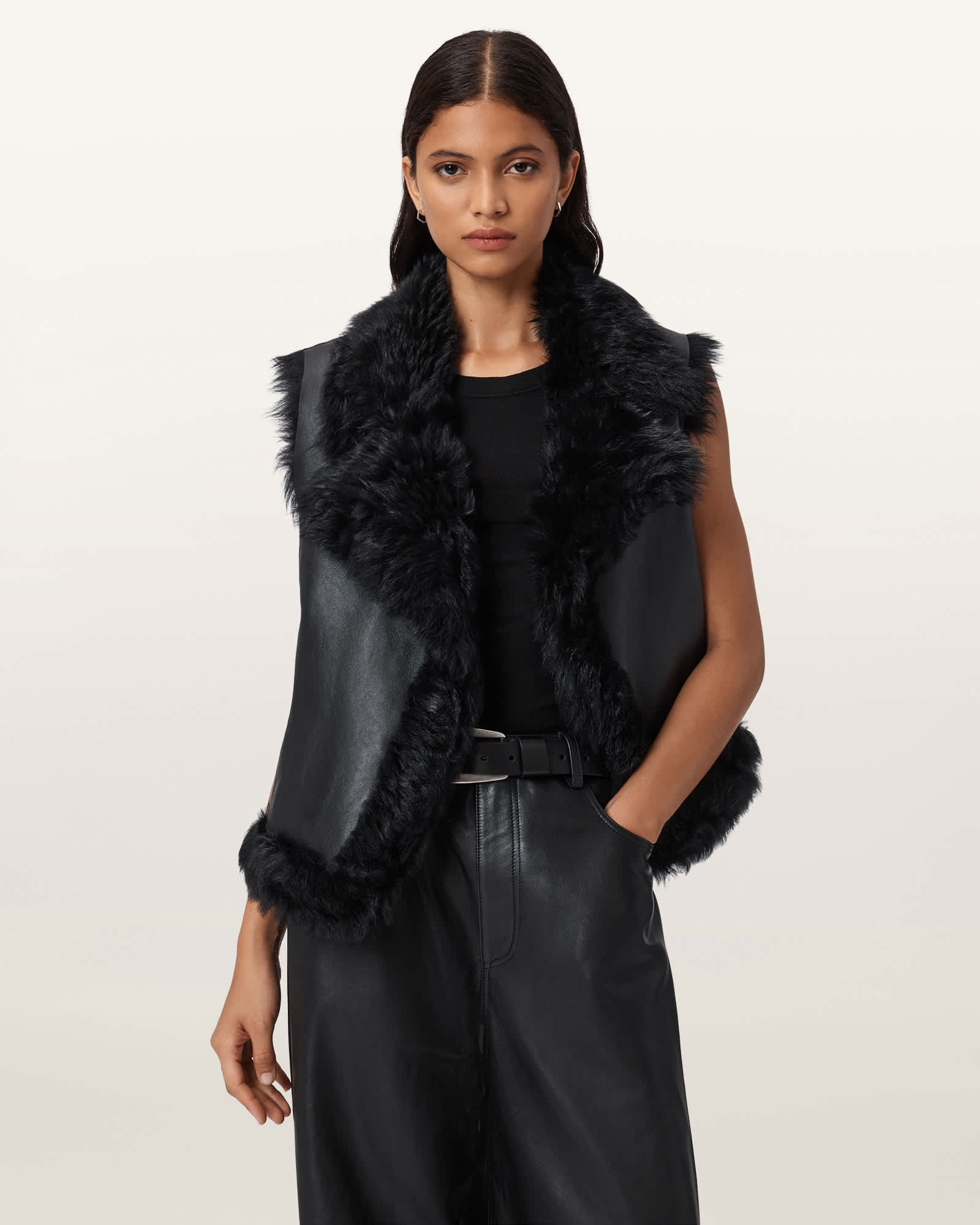AllSaints Luna Shearling Reversible Gilet,, Black