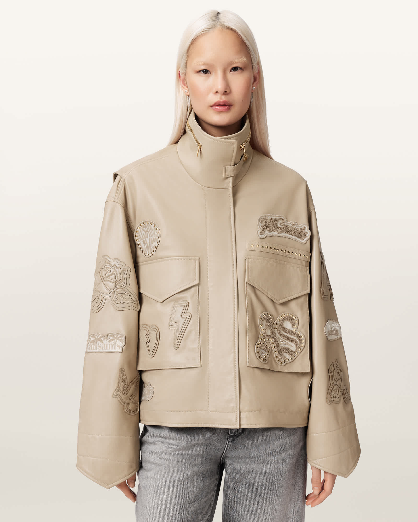 AllSaints Leather Clay Oversized Leather Patch Jacket, Size: L