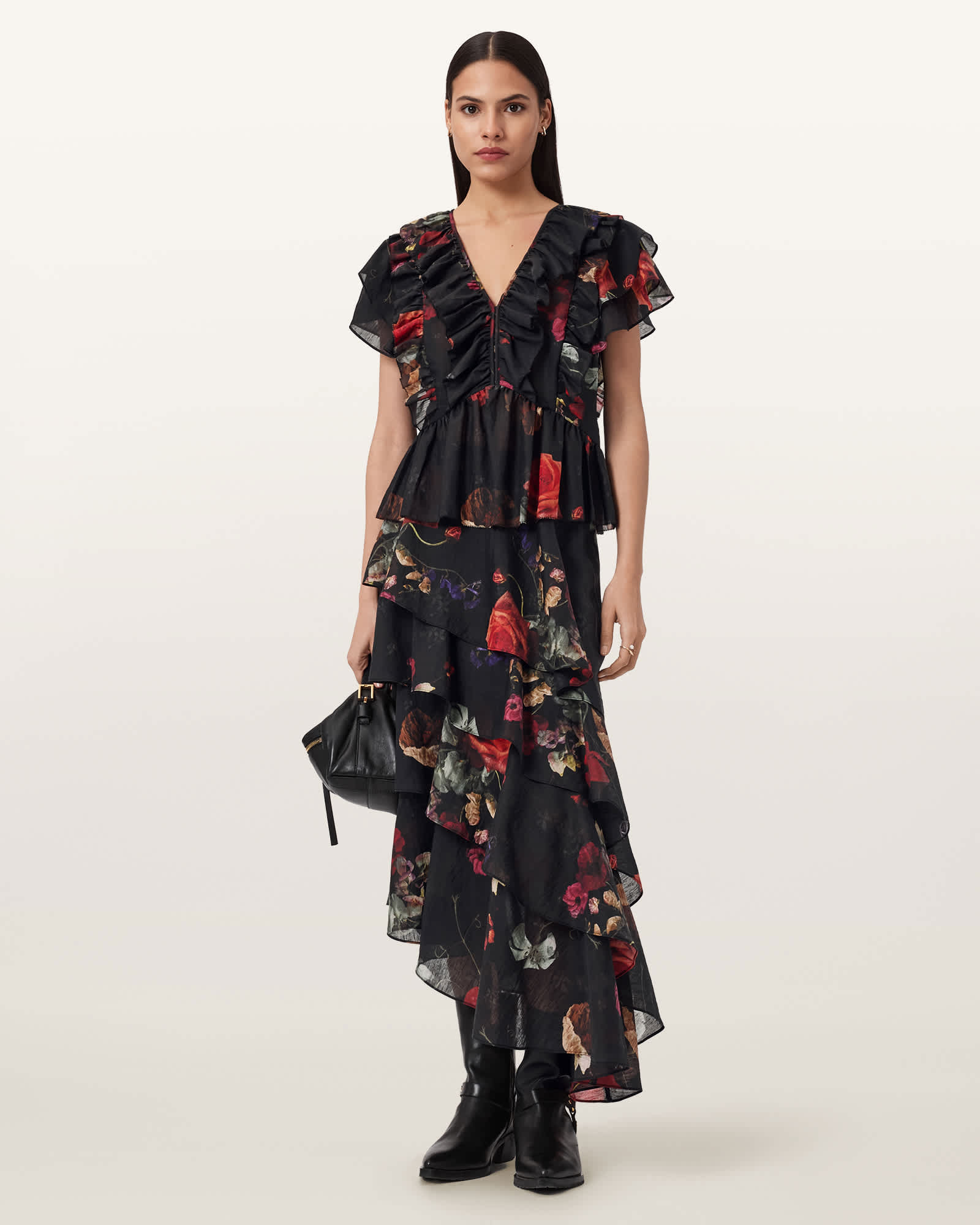 AllSaints Lyocell Alma Floral Frill Top, Size: UK 6/US 2