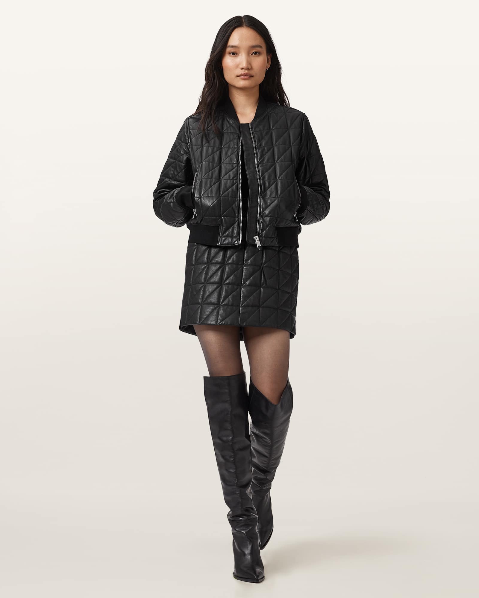 Allsaints Carly Leather Quilted Skirt In Black
