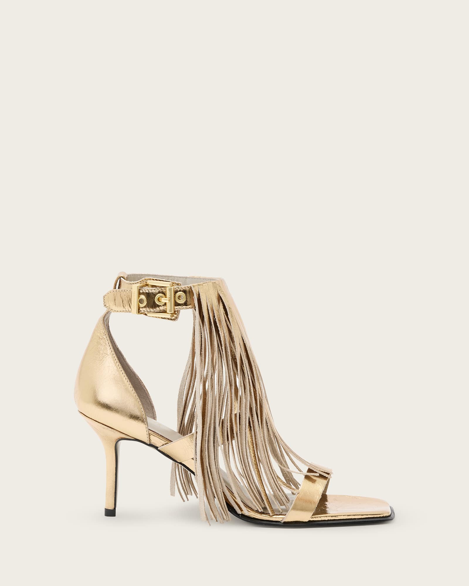 AllSaints Paola Fringed Metallic Leather Heeled Sandals,, Gold