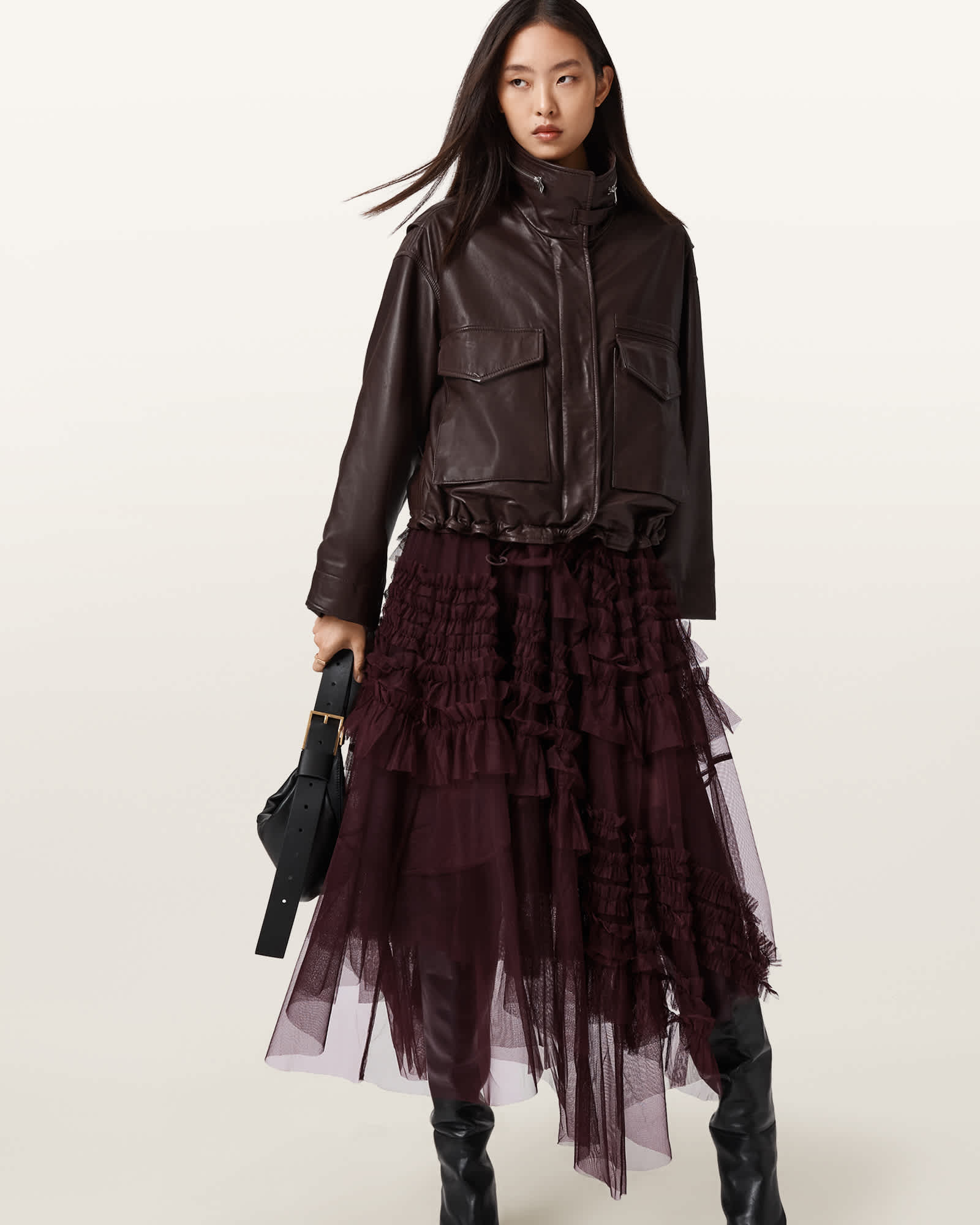 Allsaints Jen Tulle Maxi Skirt In Burgundy