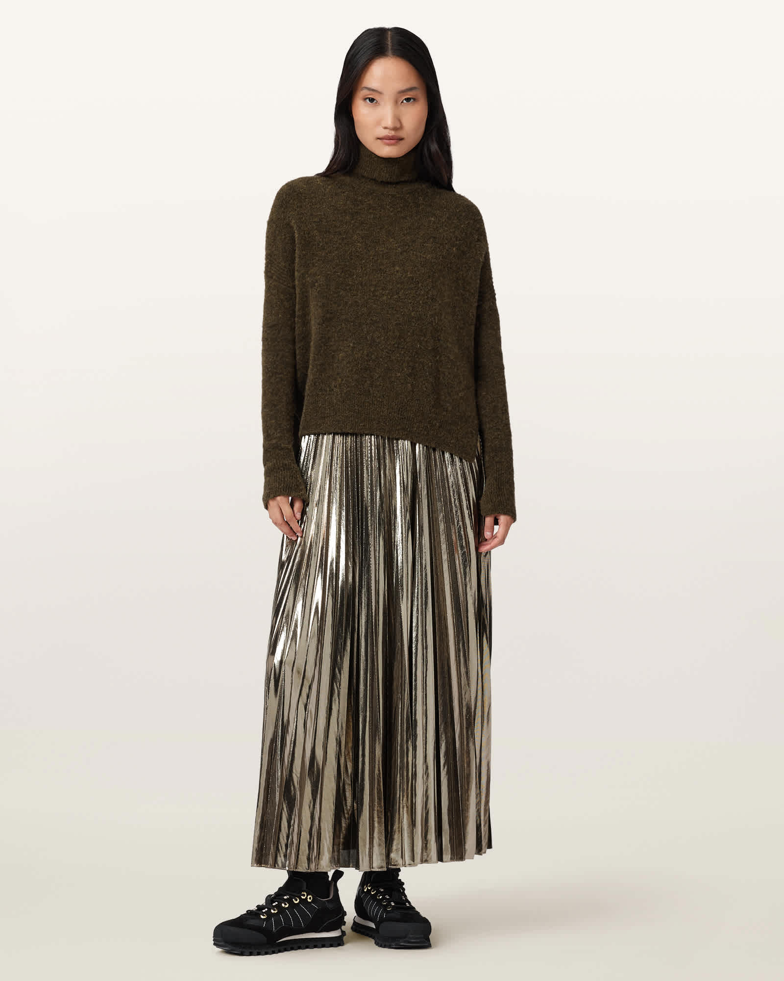 Allsaints Womens Bronze Brown Spark High-neck Pleated-skirt Wool-blend Midi Dress In Animal Print