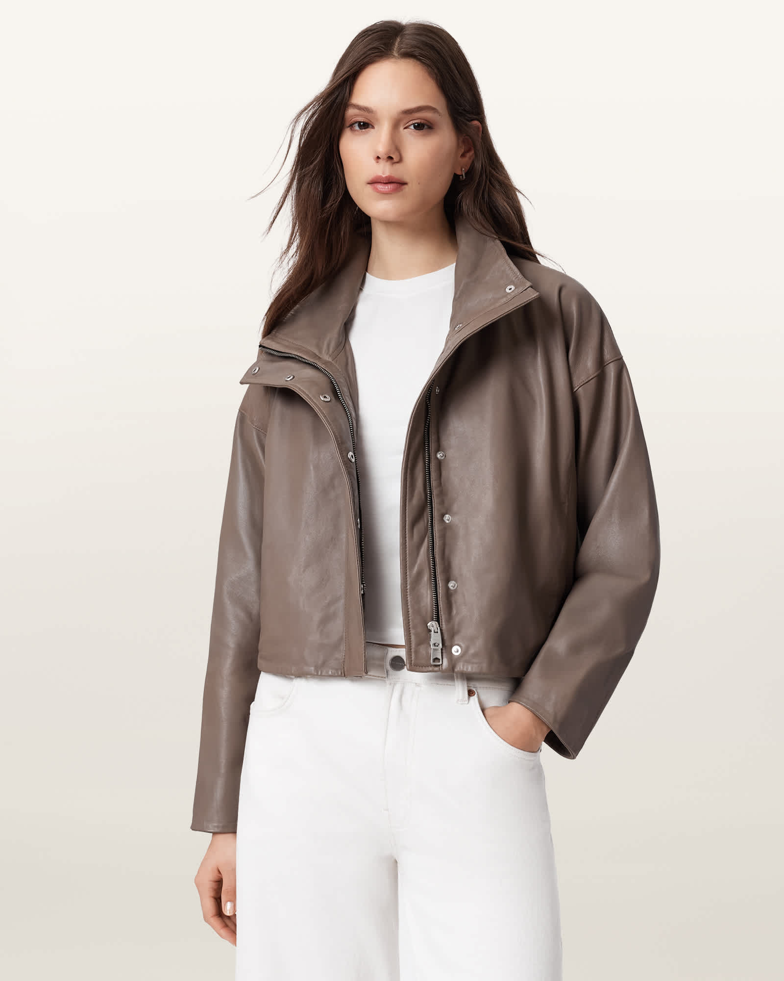 AllSaints Leather Ryder Funnel Neck Leather Jacket, Size: M