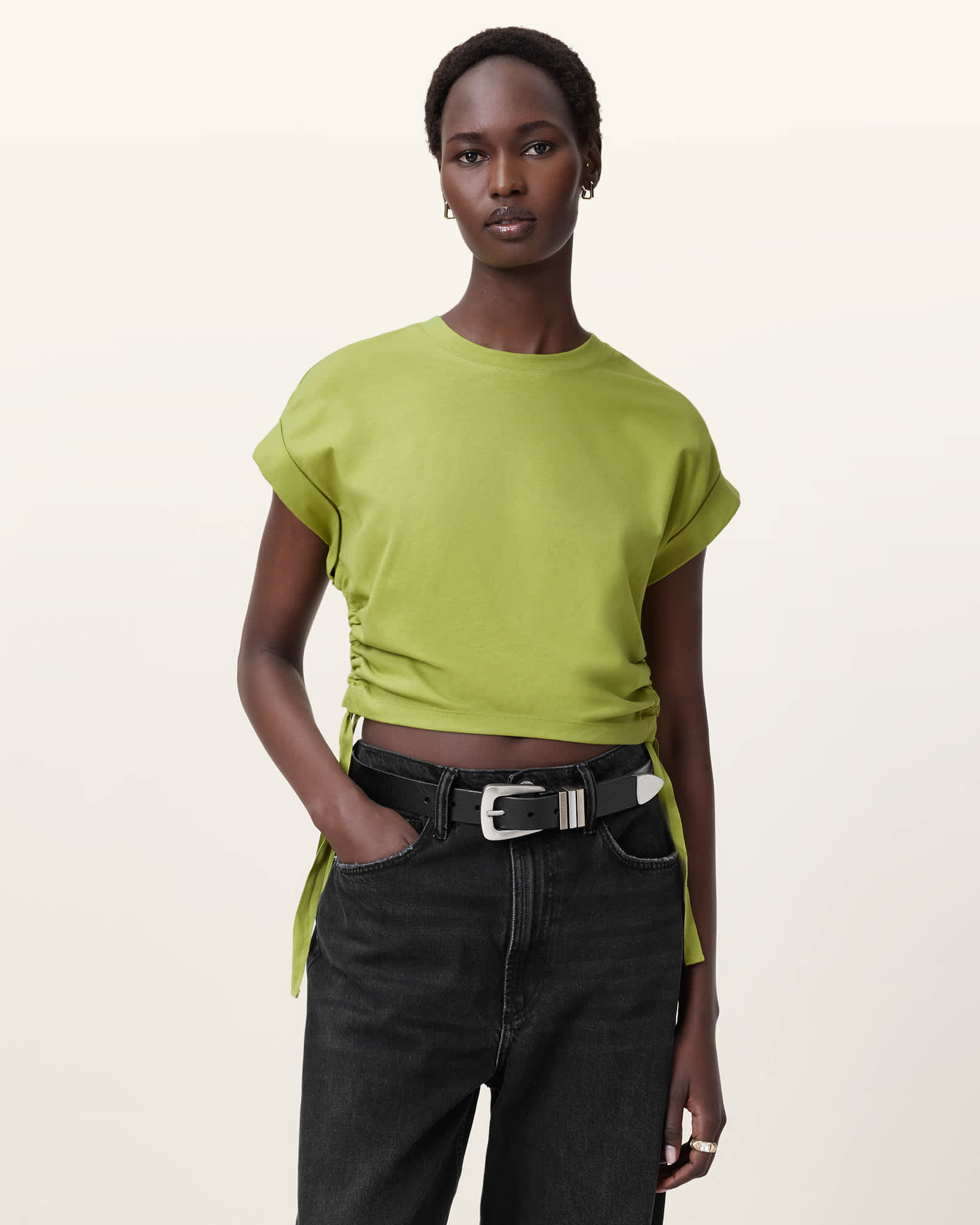 AllSaints Mira Cropped Drawcord T-Shirt,, Unity Green