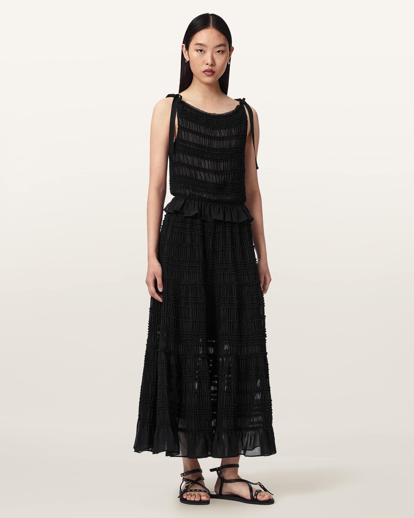 Allsaints Women's Black Lotus Shirred Maxi Skirt - Size  16