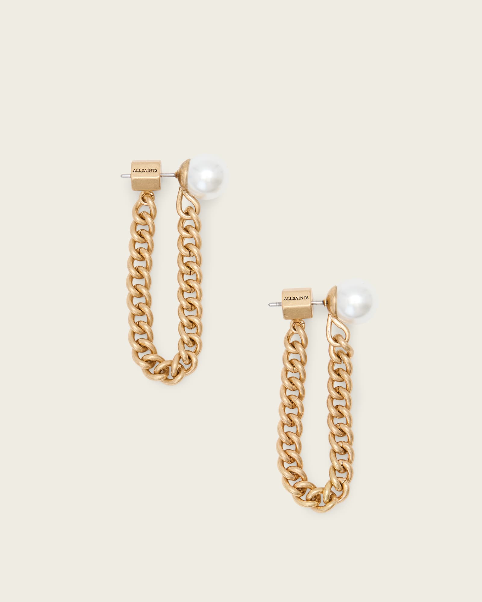 AllSaints Lex Chain Pearl Earrings,, Warm Brass