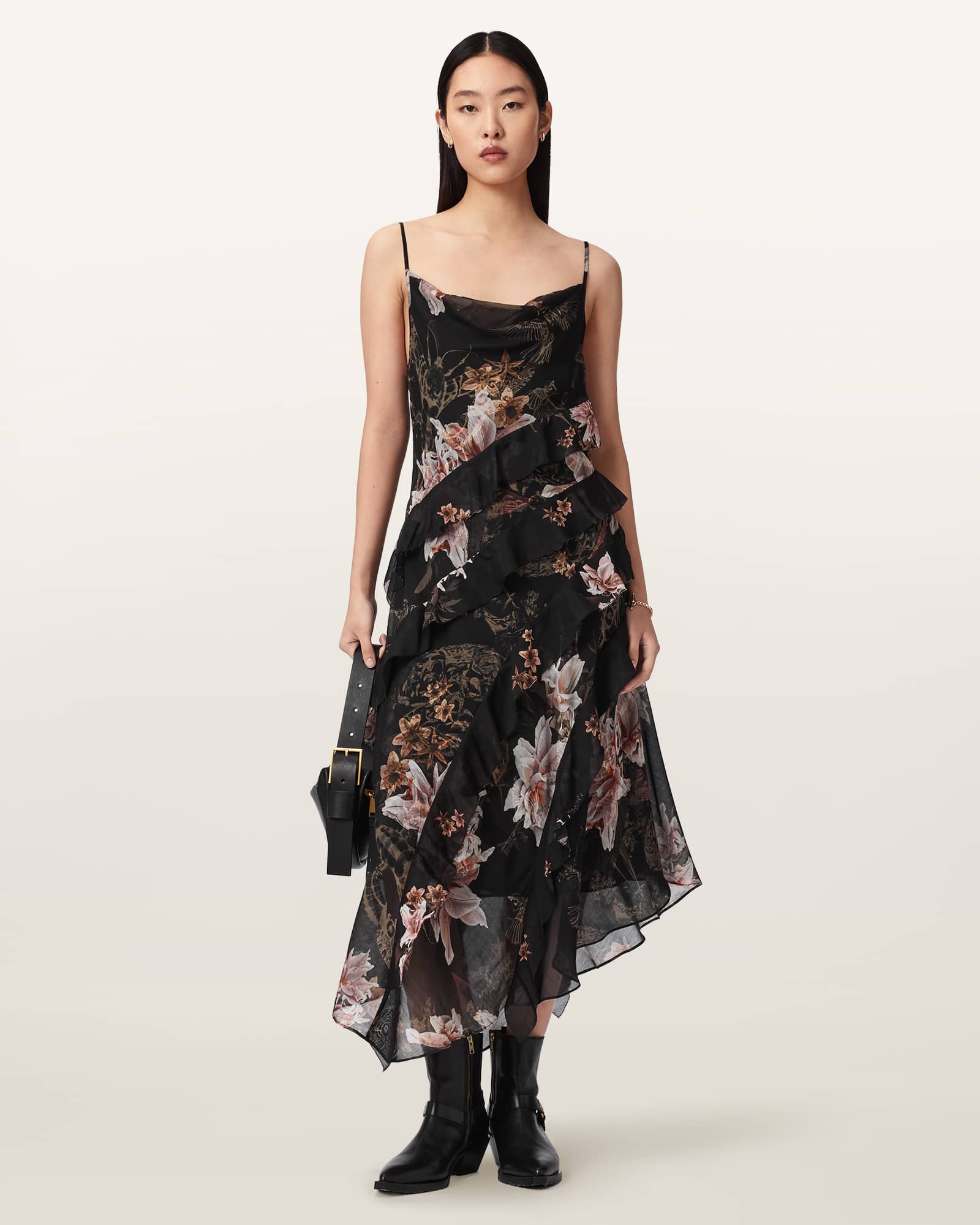 Allsaints Women's Black Ruth Floral Slip Maxi Dress - Size  16