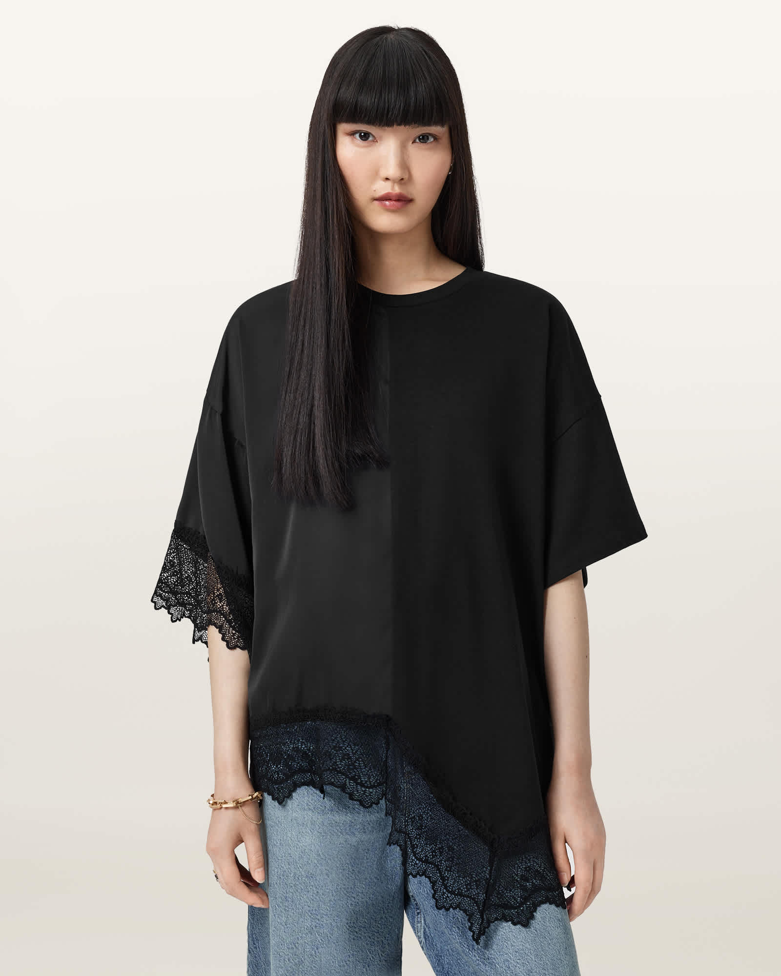 Allsaints Lenny Oversize Lace Trim Cotton T-shirt In Black