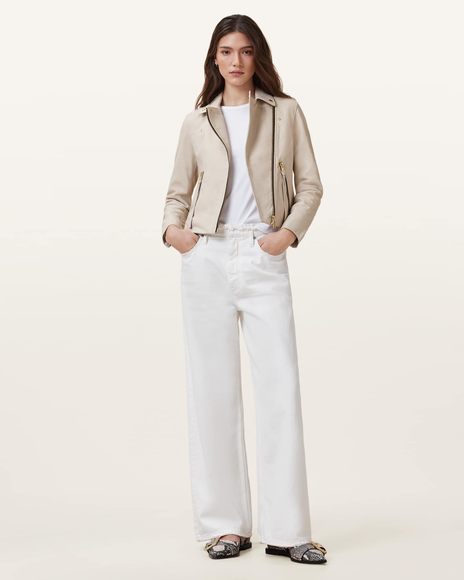 AllSaints Dalby Slim Fit Leather Biker Jacket,, White