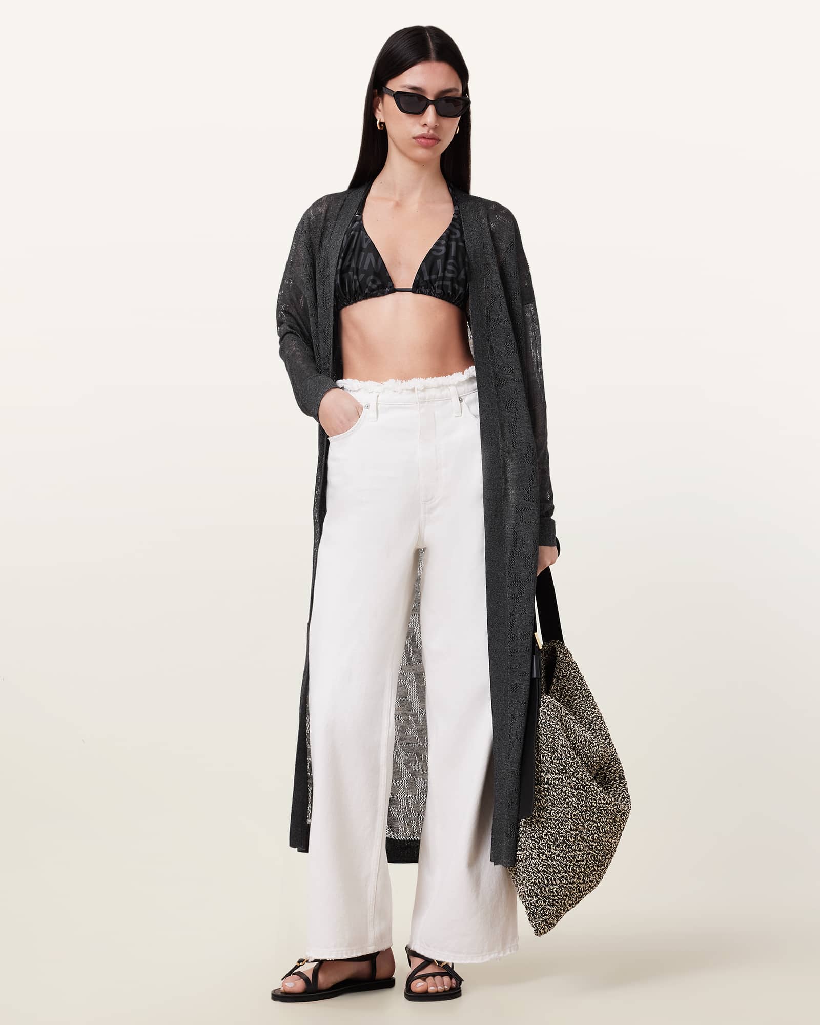 AllSaints Kaito Open Knit Cardigan,, Carbon Grey