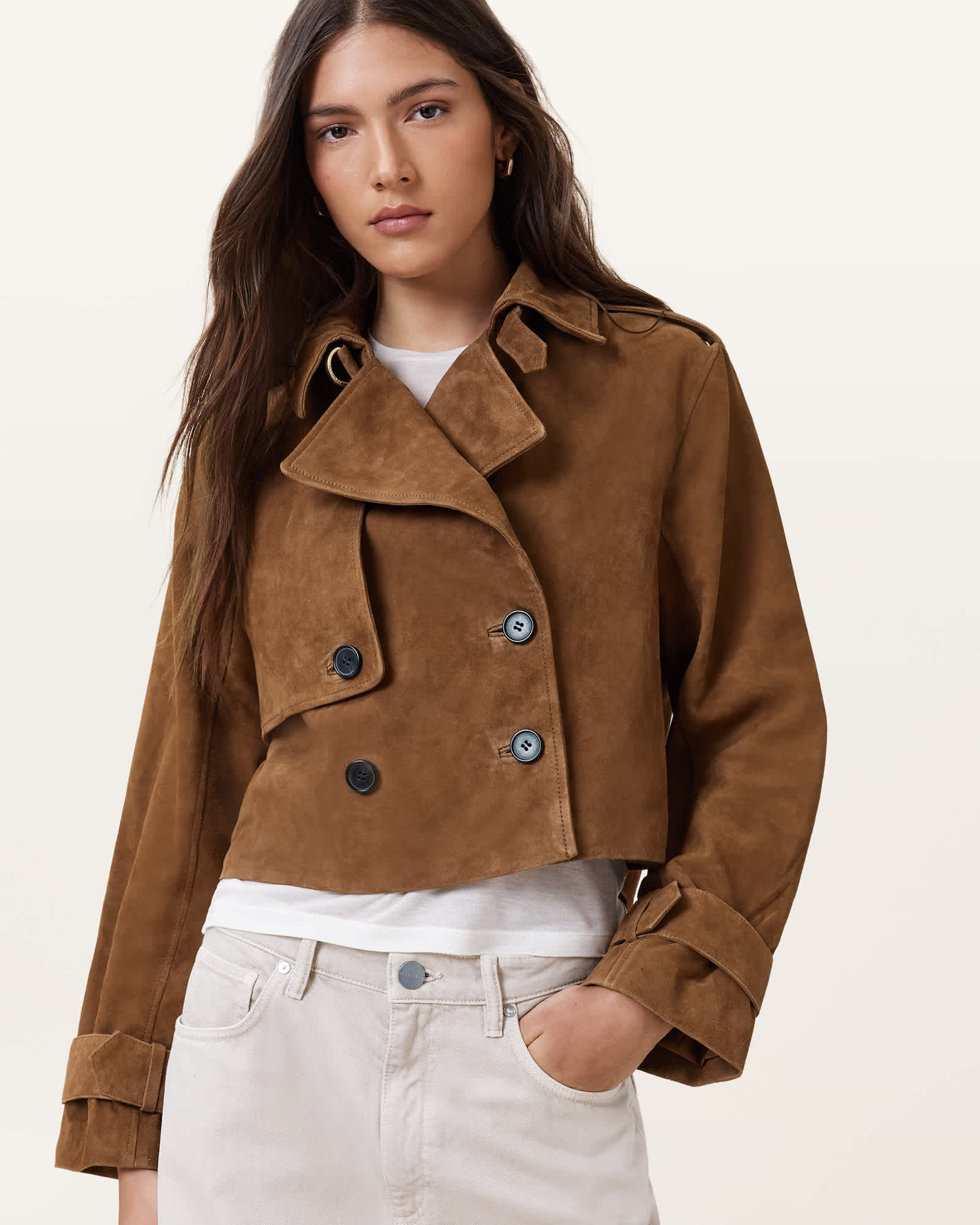 Allsaints Women's Hendry Cropped Suede Trench Coat - Size  L
