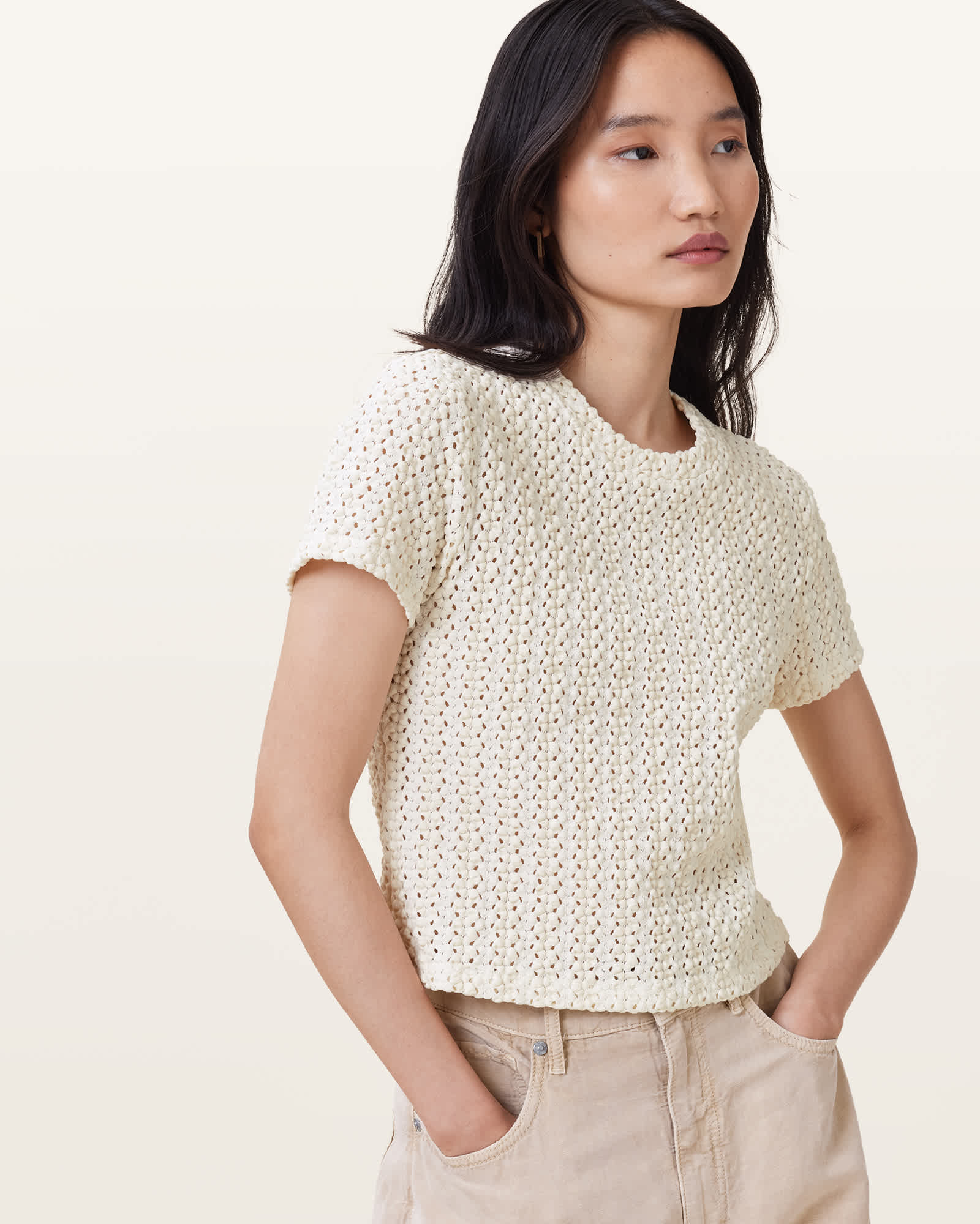 AllSaints Karma Crochet Stevie Slim Fit T-Shirt,, Chalk White