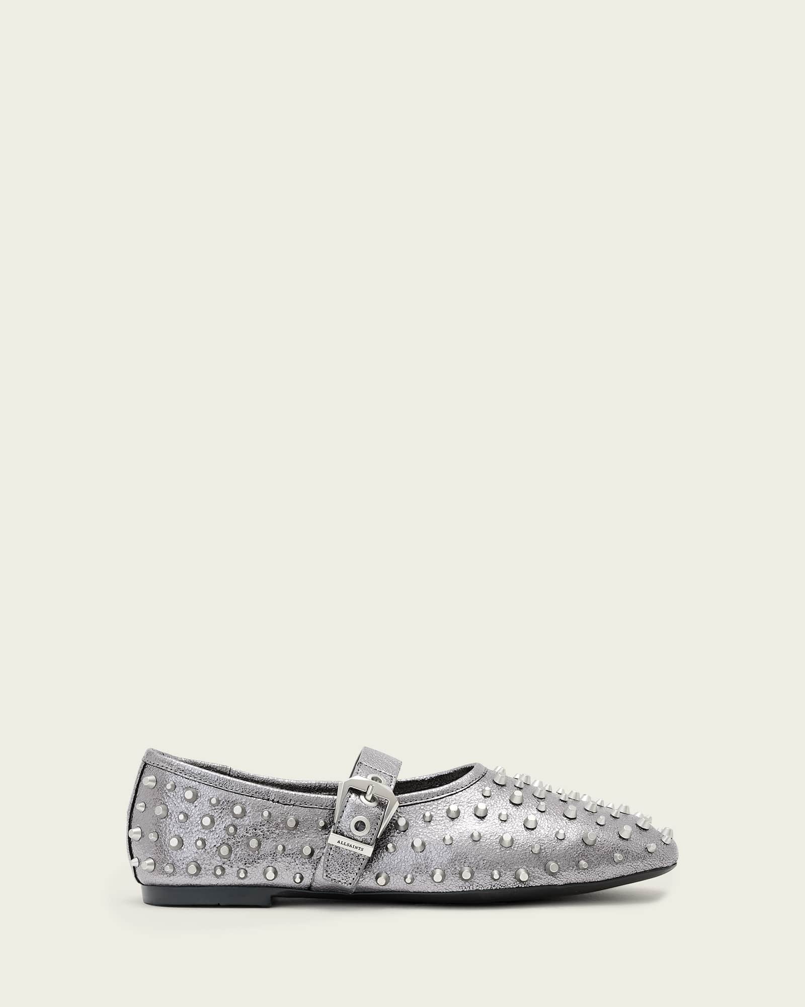 AllSaints Sabine Leather Stud Flats, Grey