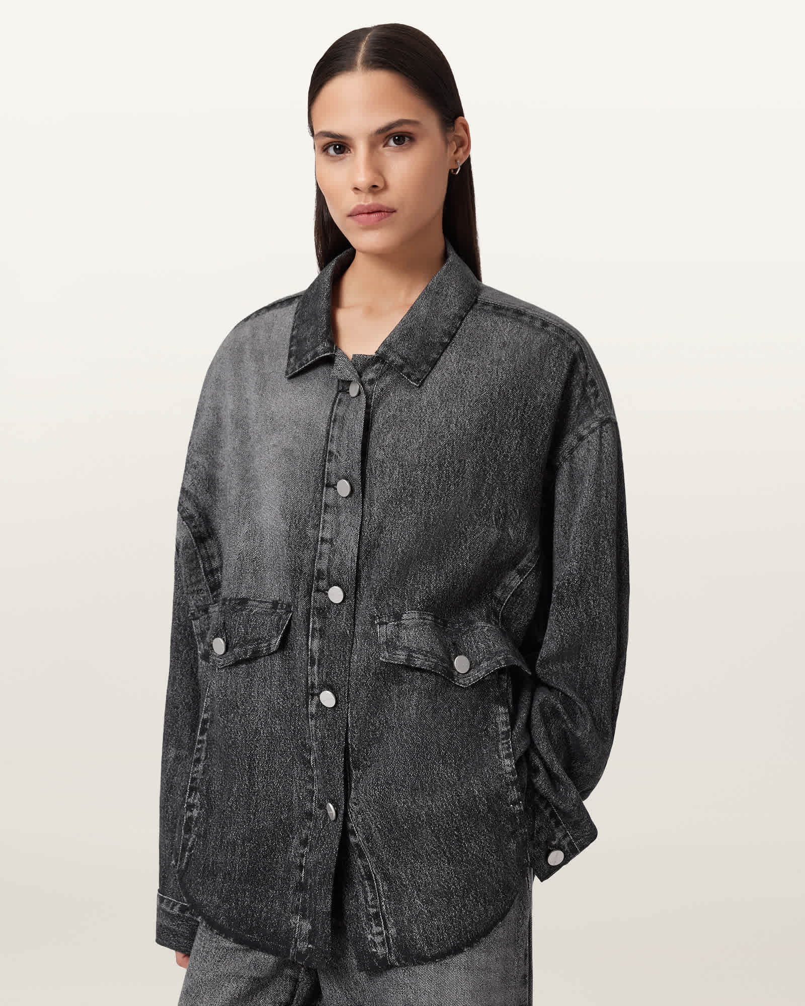 AllSaints Hettie Illusion Oversized Shacket,, Illusion Black