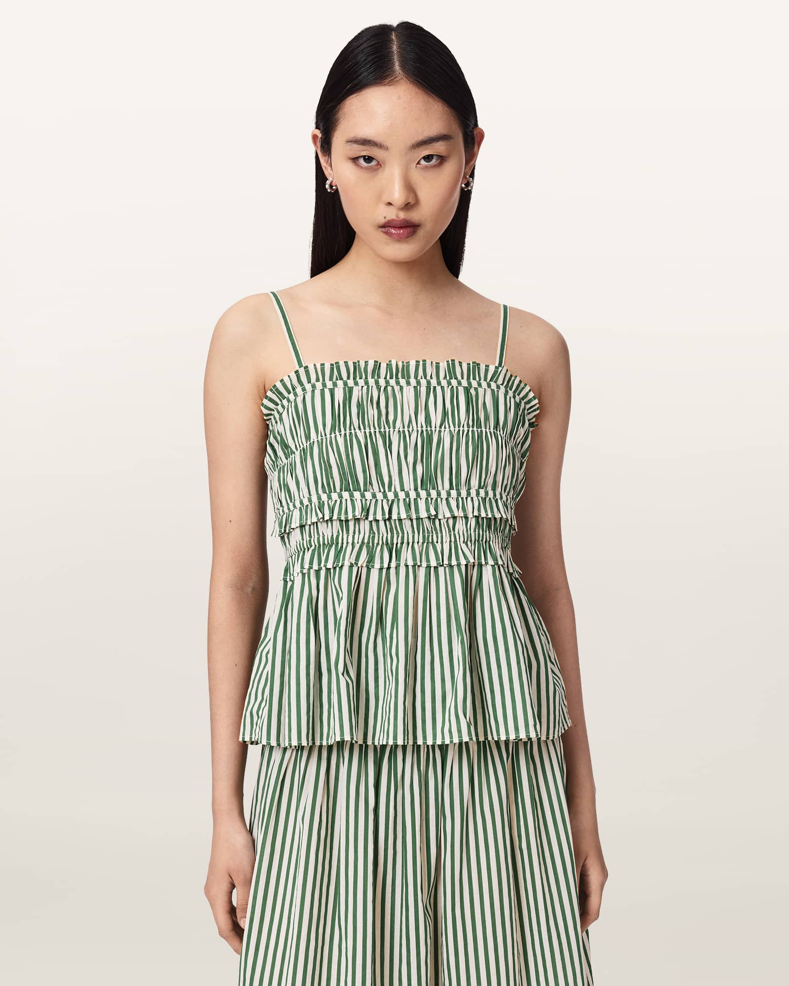 Allsaints Women's Green/White Kali Striped Cotton Cami Top - Size  16