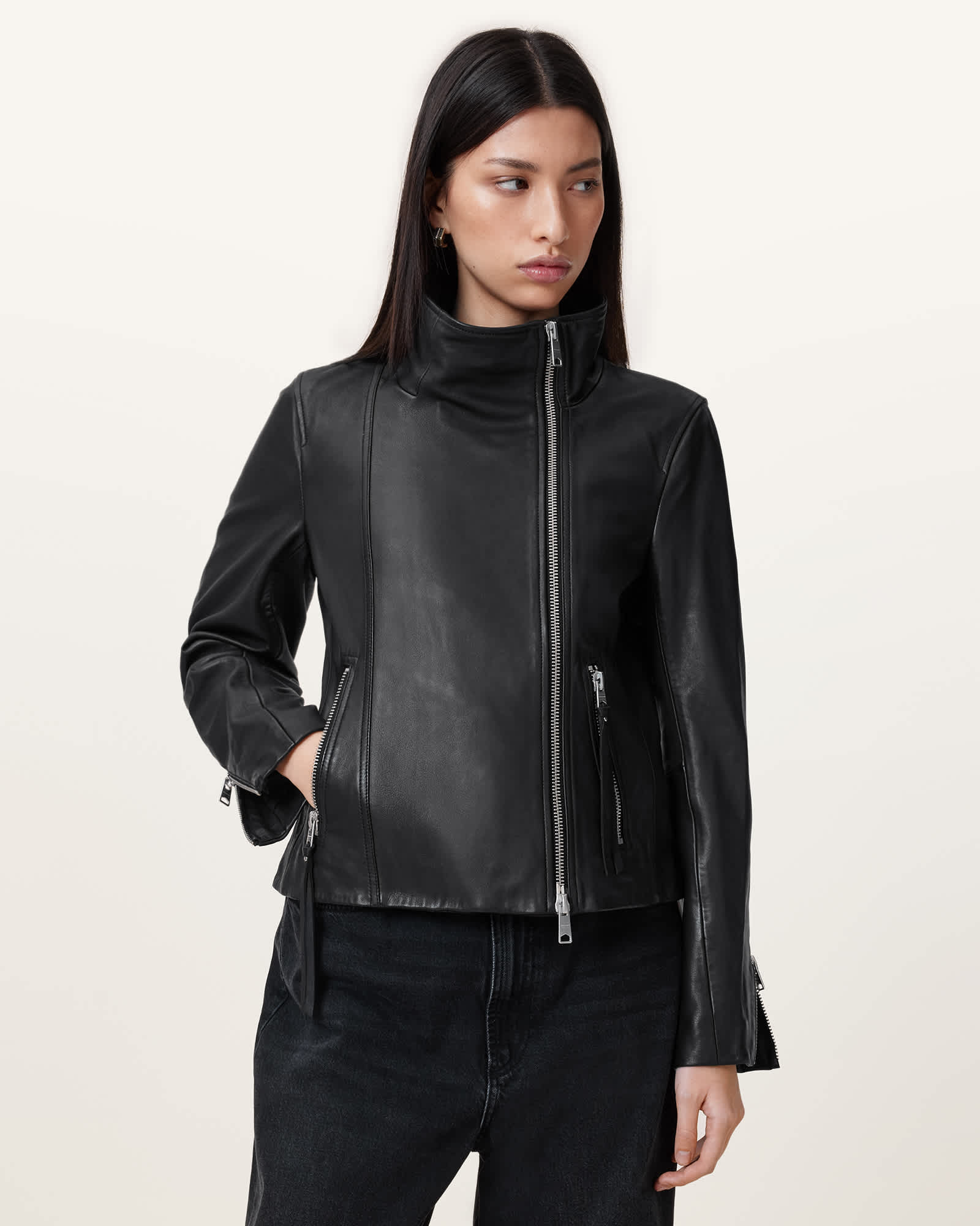 Allsaints Women's Ellis Leather Funnel Neck Biker Jacket - Size  6