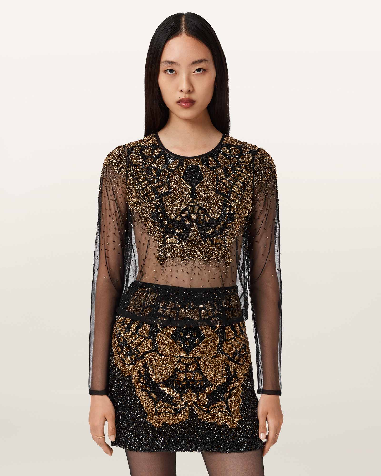 AllSaints Greta Butterfly Embellished Top,, Black/Gold