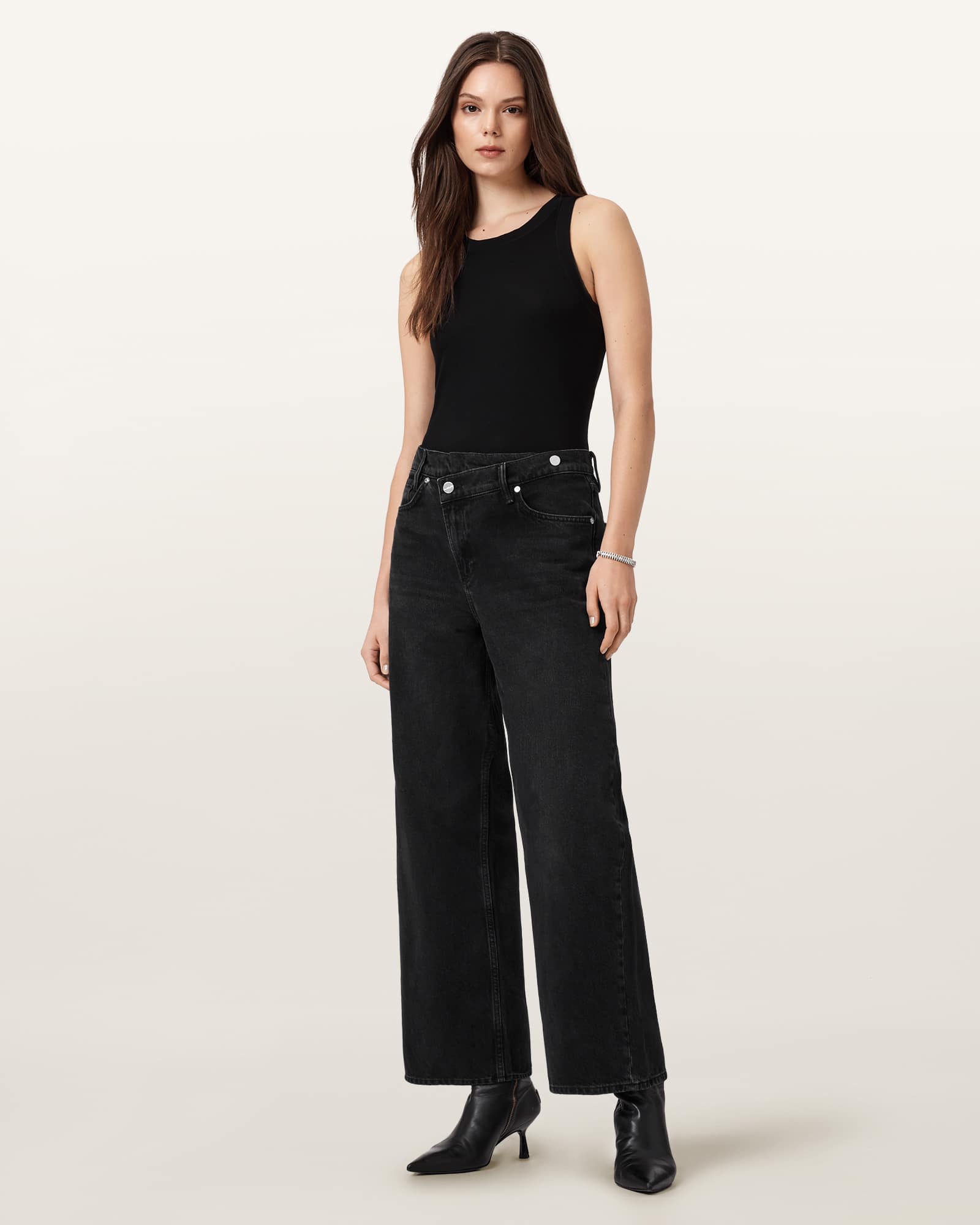 Allsaints Aki Crossover Wide Leg Jeans In Black