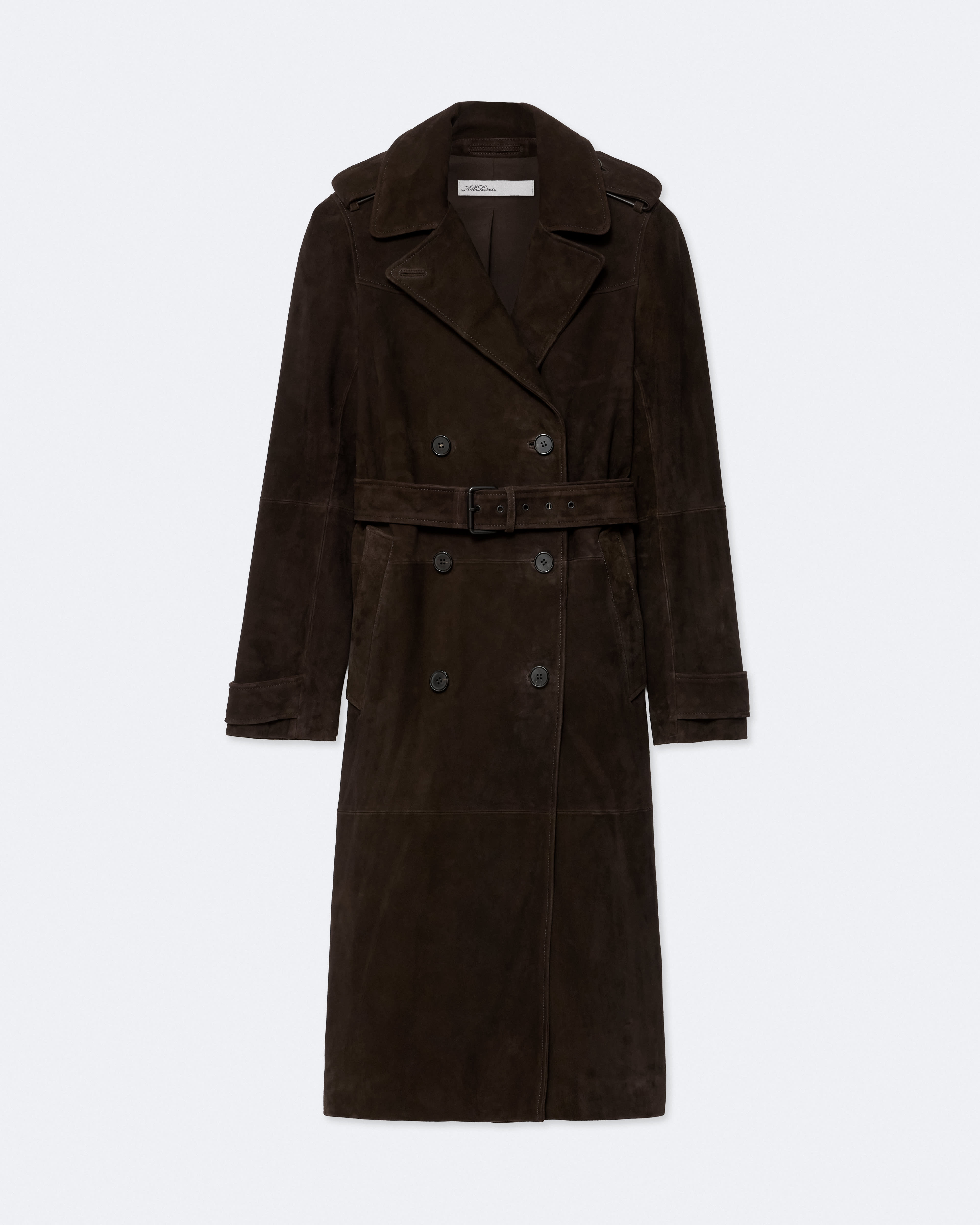 AllSaints Women's Oaker Double-Breasted Suede Coat, Brown, Size: 12
