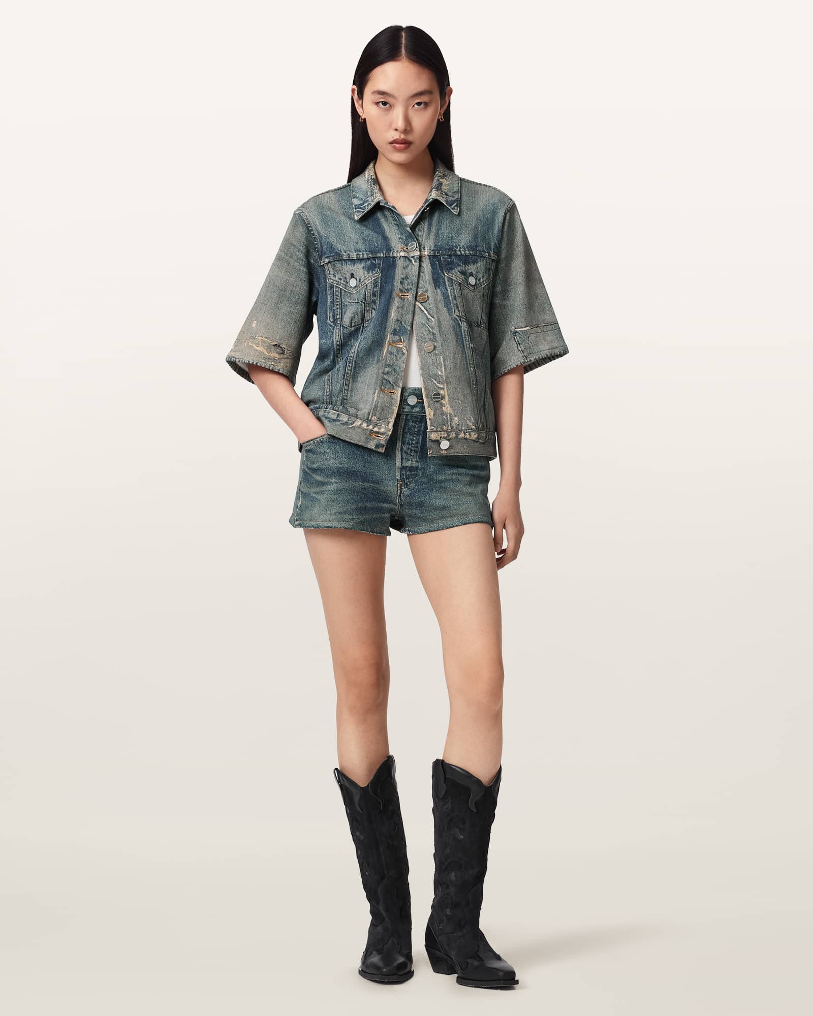 AllSaints Cotton Asher Terry High Waisted Denim Illusion Shorts, Size: UK 6/US 2