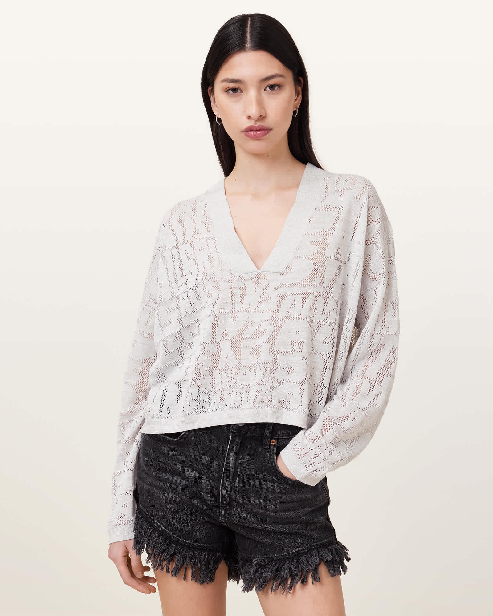 AllSaints Kaito V-Neck Sweater,, Chalk White