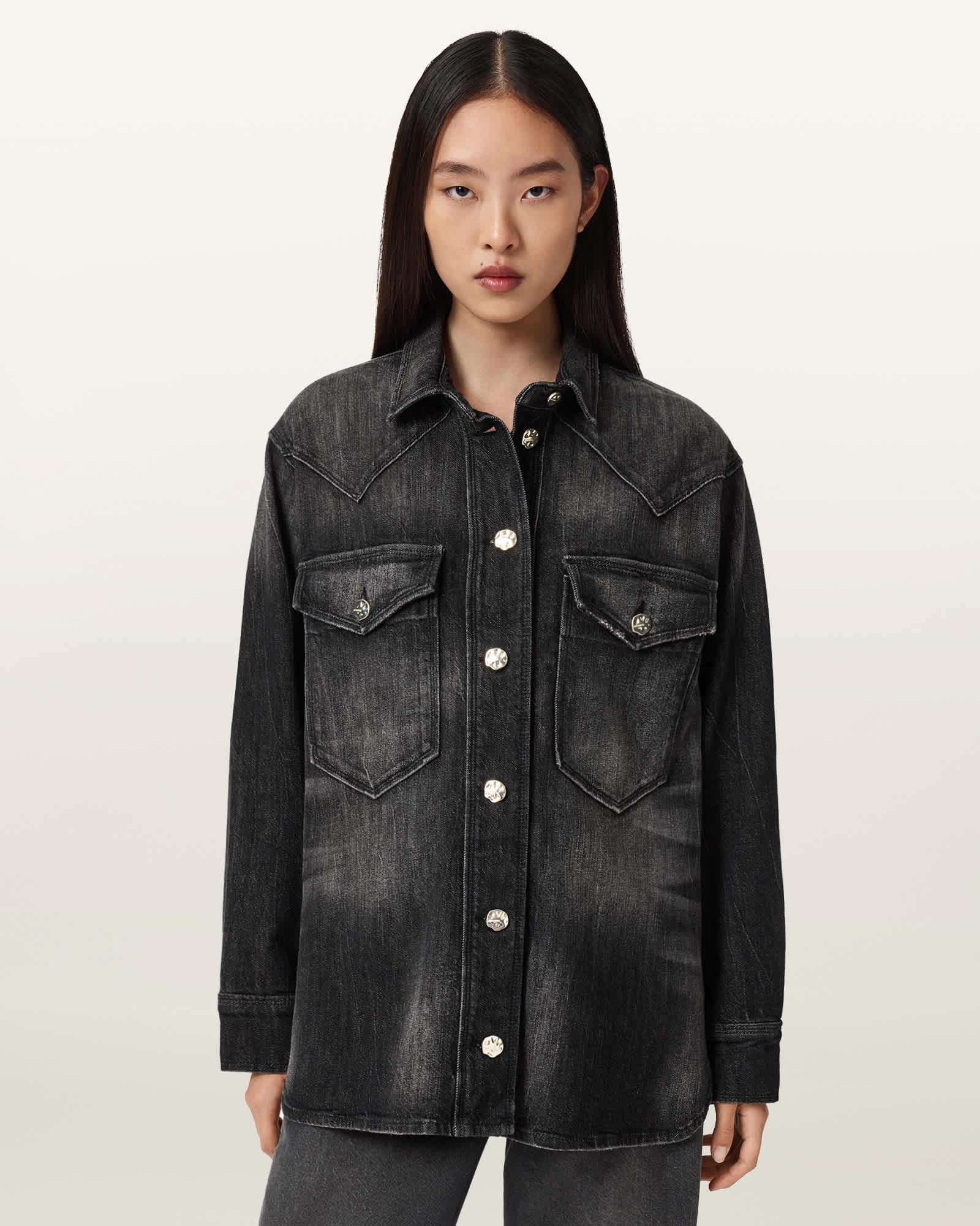 AllSaints Bryn Denim Oversized Shirt,, Washed Black