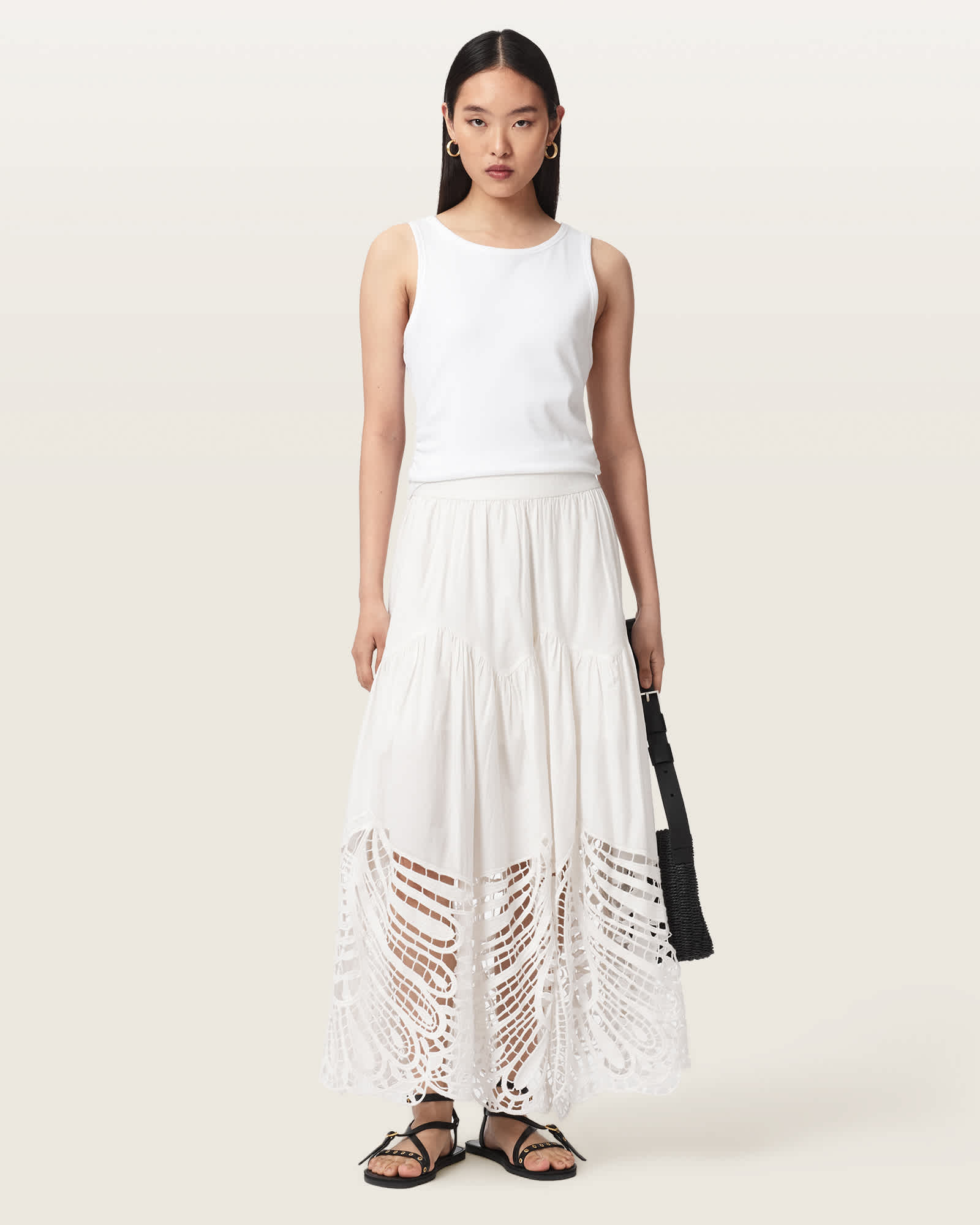 Allsaints Women's White Femi Tiered Cotton Maxi Skirt - Size  16