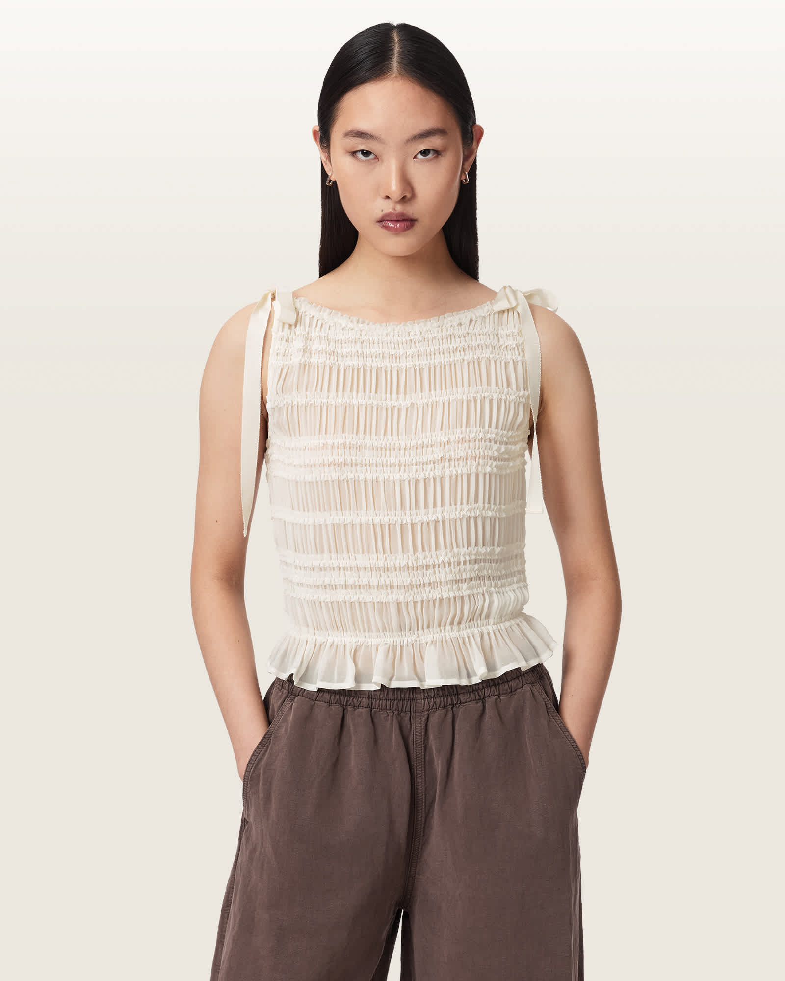 Allsaints Women's White Lotus Shirred Boat Neck Top - Size  16