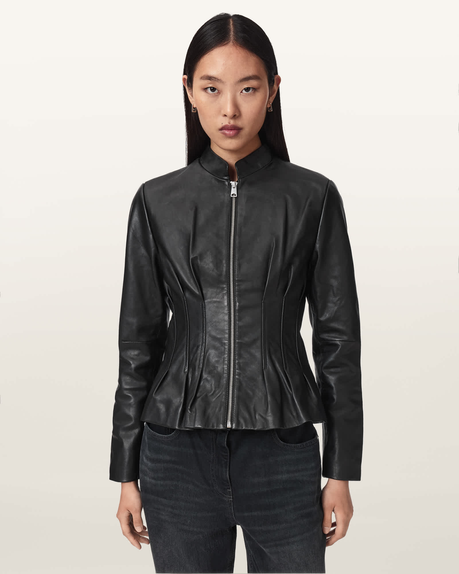 Allsaints Women's Black Clo Pleated Leather Jacket - Size  16