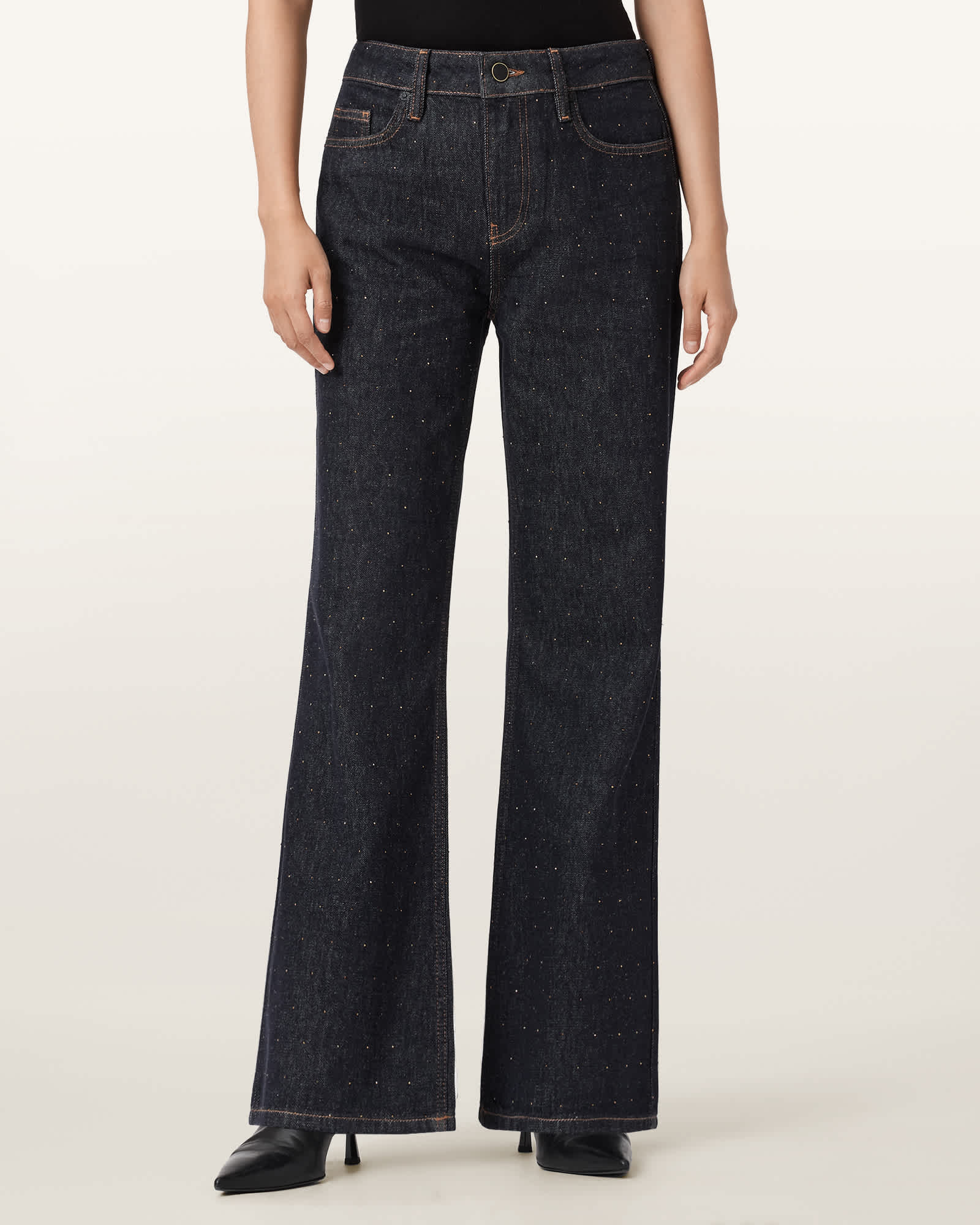 Allsaints Womens Raw Indigo Blu Ember Flared-leg Denim Jeans In Black